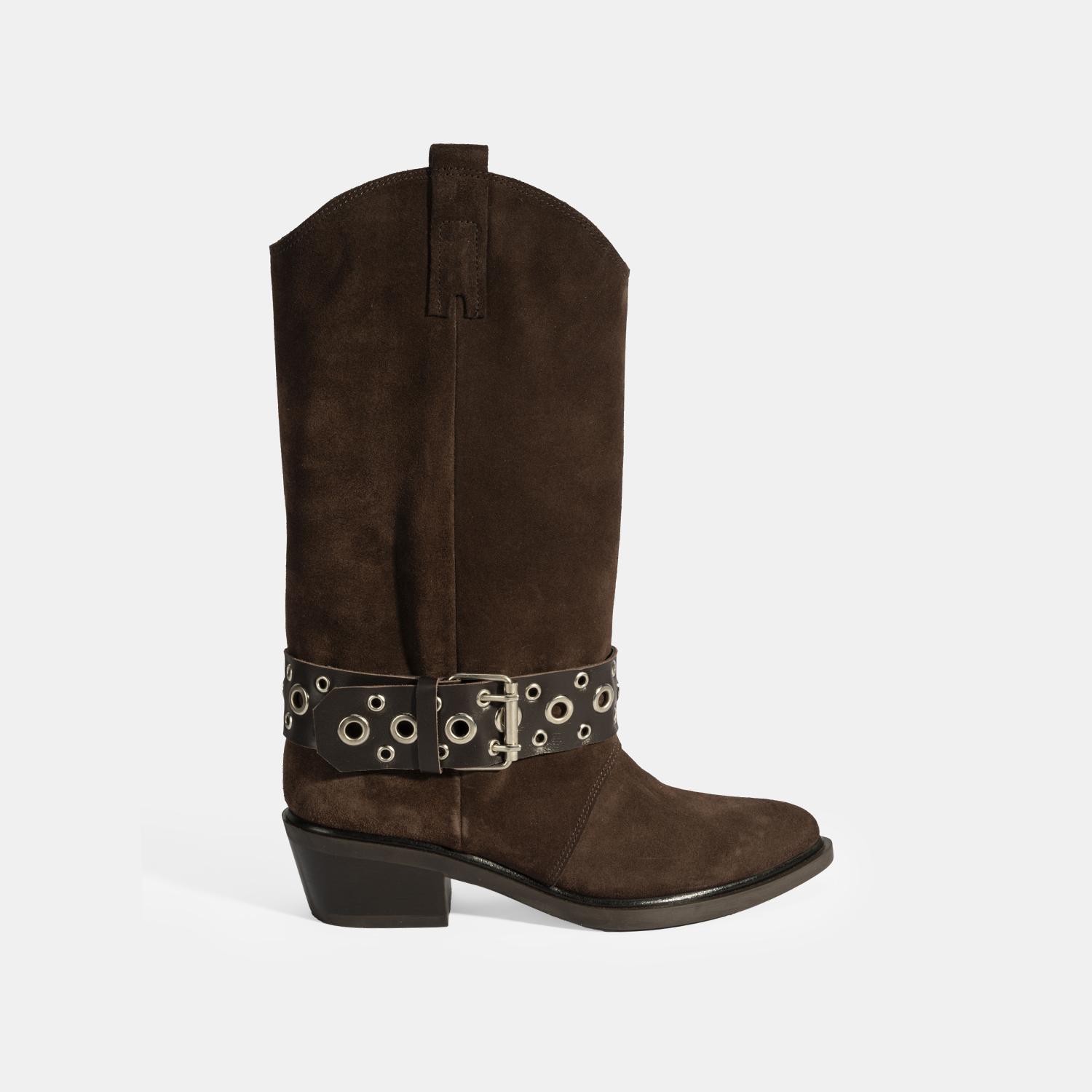 Kadın Kahve Ayarlanabilir Kemer Aksesuarlı Süet Bot