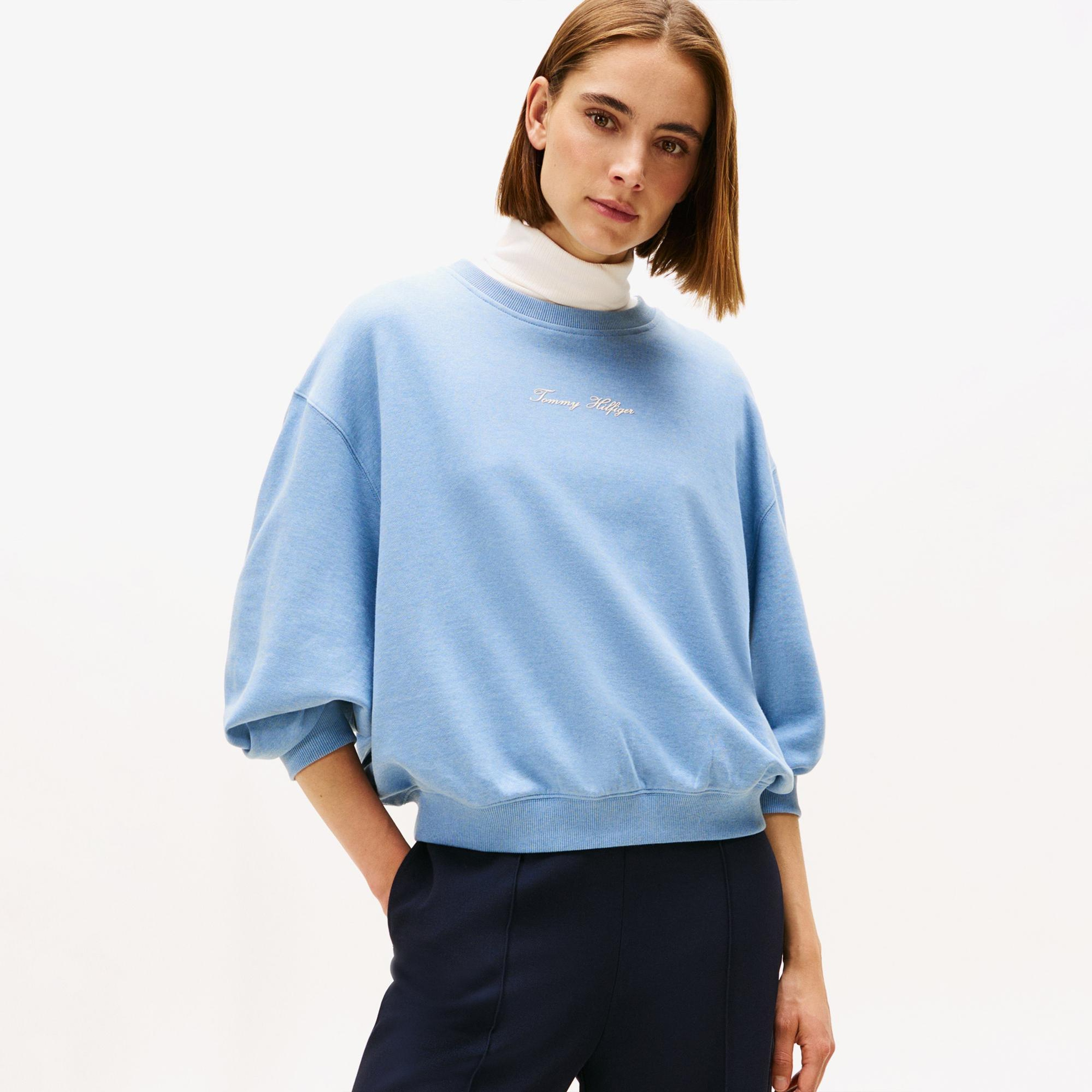 Tommy Hilfiger Classic Script Terry Kadın Mavi Sweatshirt