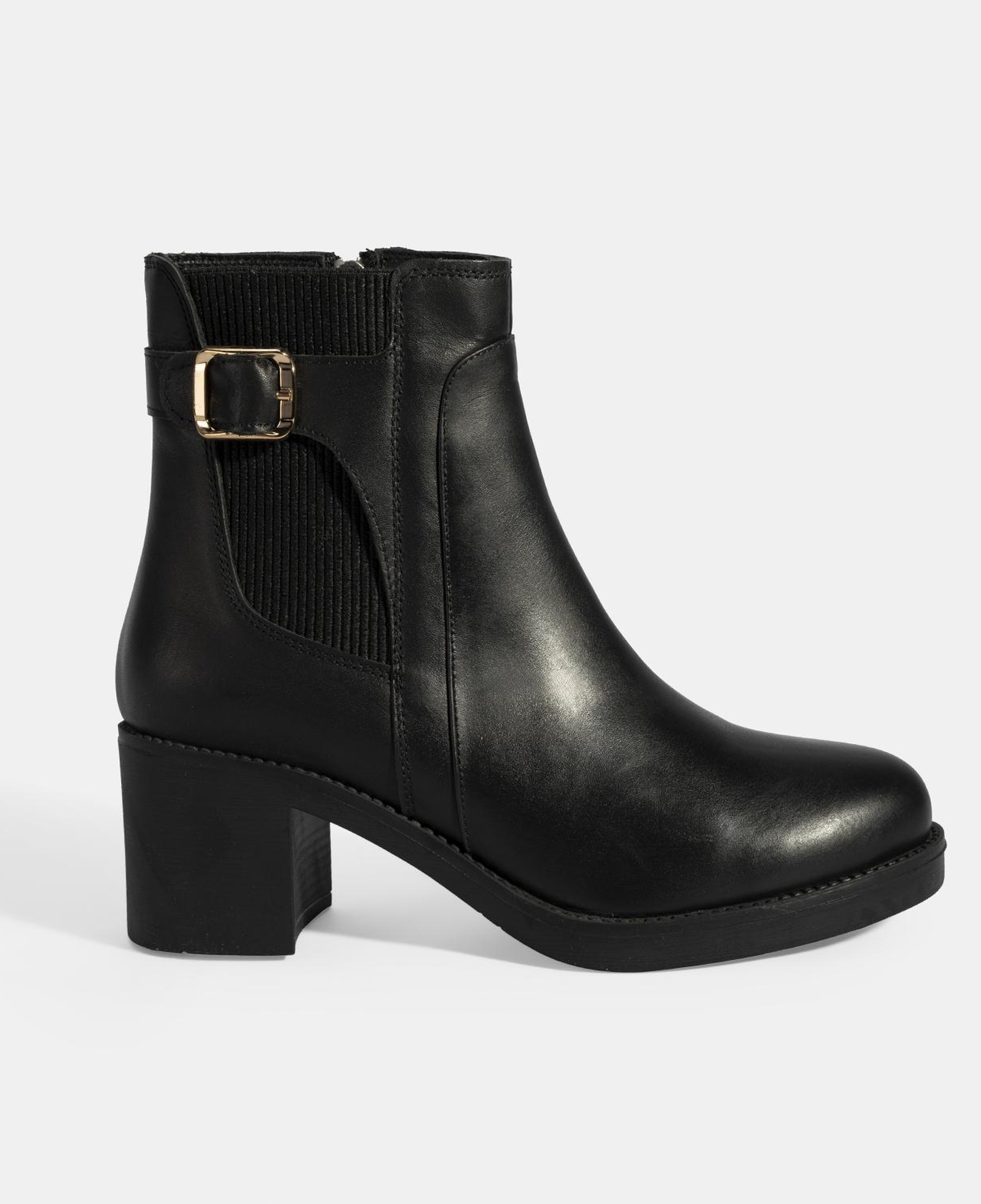 Kadın Siyah Metal Toka Detaylı Topuklu Deri Bot