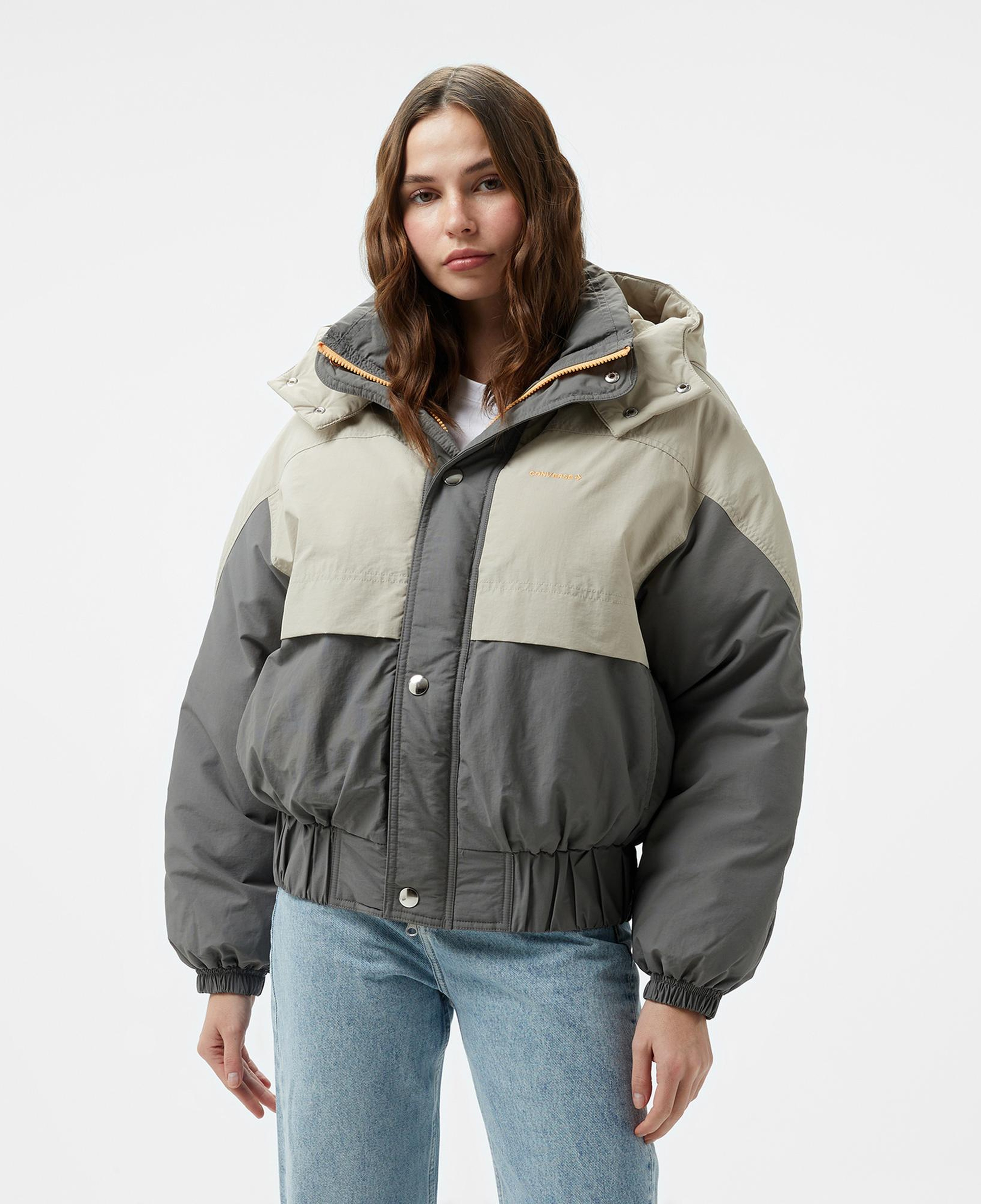 Converse Kadın Kapüşonlu Renk Bloklu Gri Mont