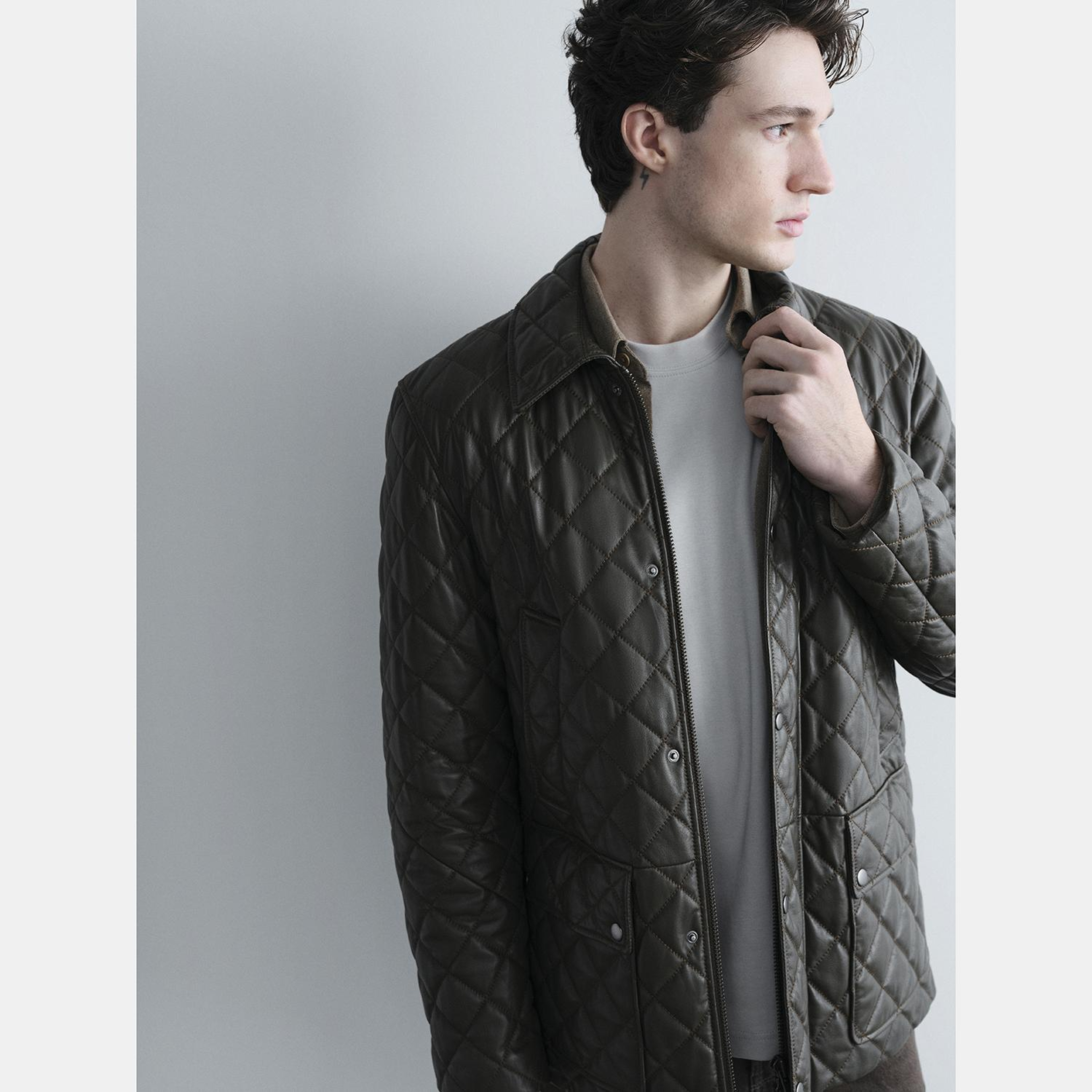 Erkek Yeşil Gömlek Yakalı Kapitoneli Deri Mont