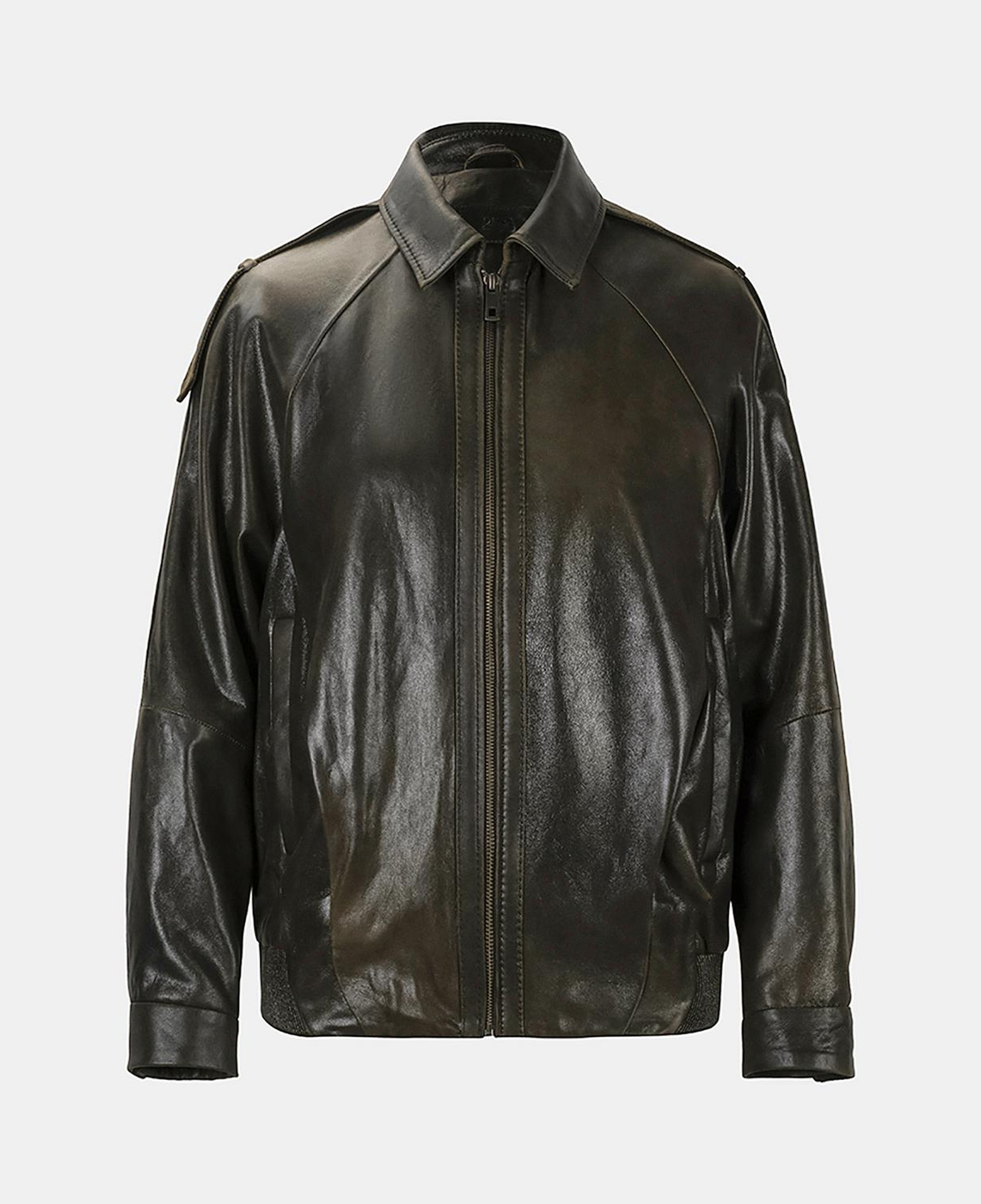 Kadın Yeşil Gömlek Yakalı Deri Bomber Ceket