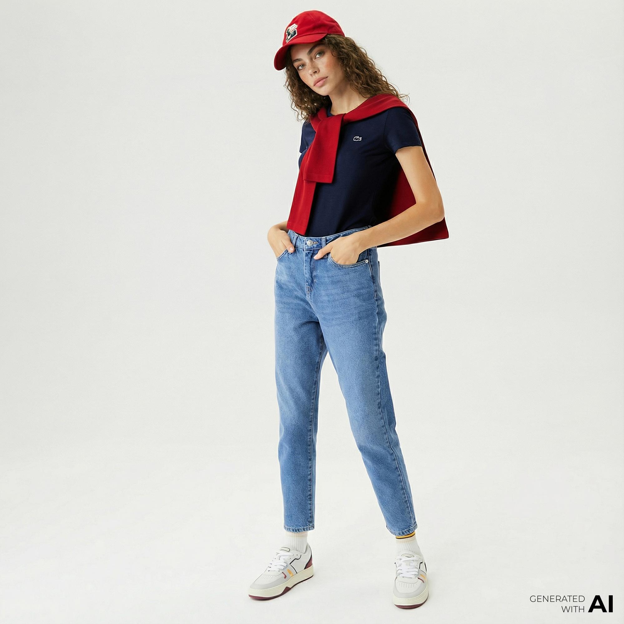 Lacoste Kadın Slim Fit V Yaka Lacivert T-Shirt