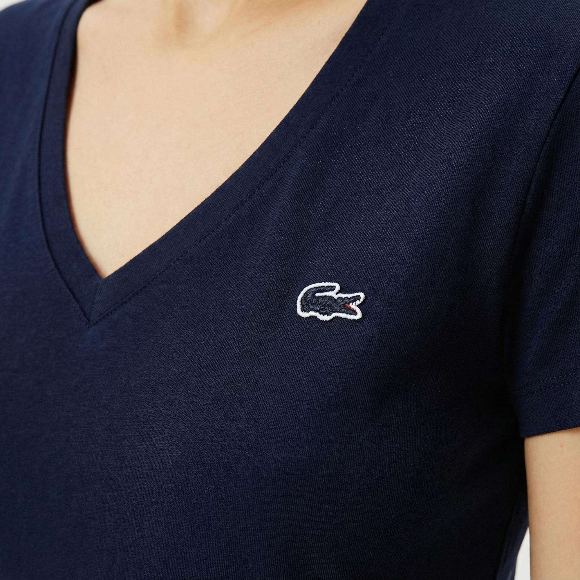 Lacoste Kadın Slim Fit V Yaka Lacivert T-Shirt
