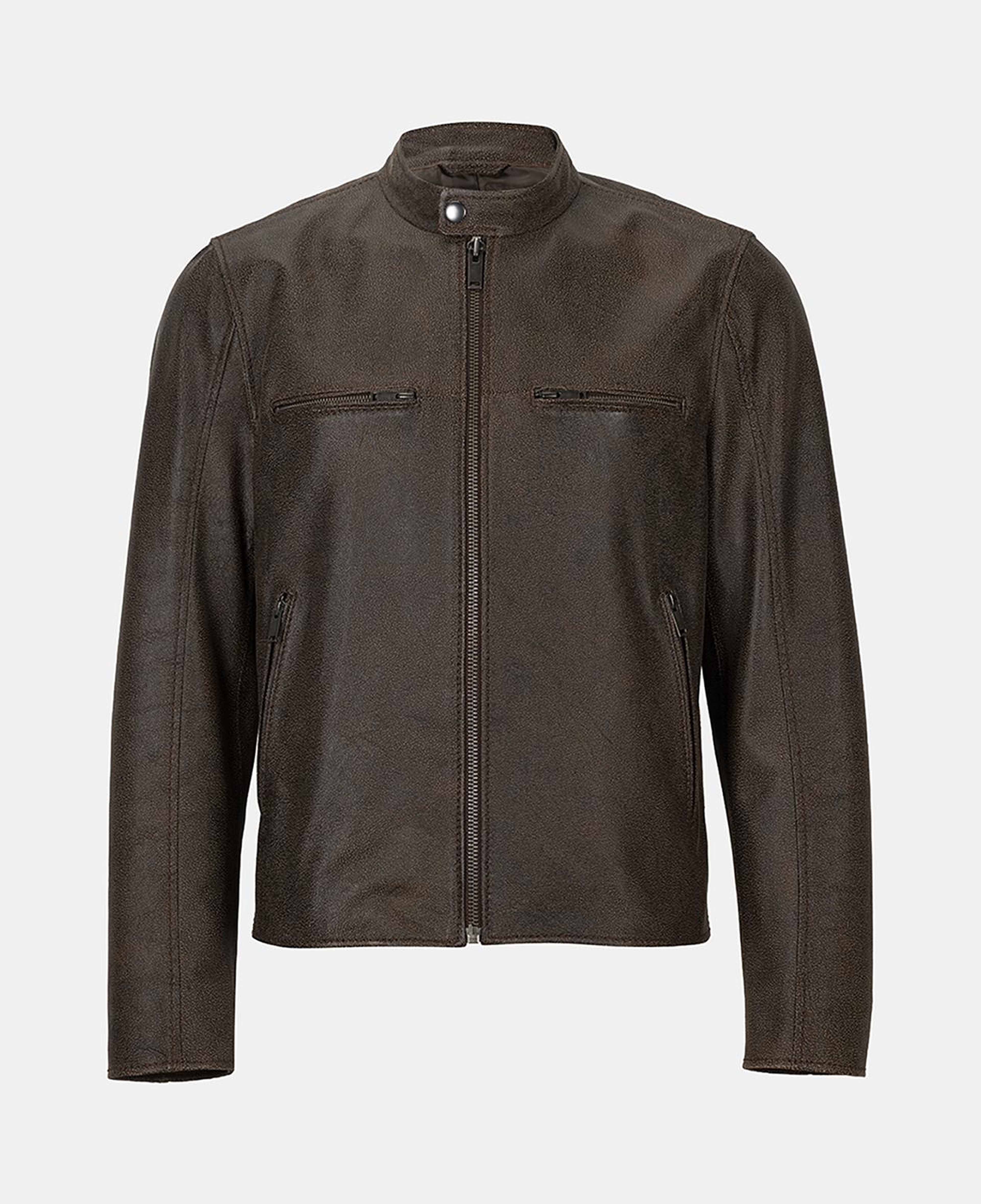 Erkek Kahve Hakim Yakalı Fit Deri Ceket