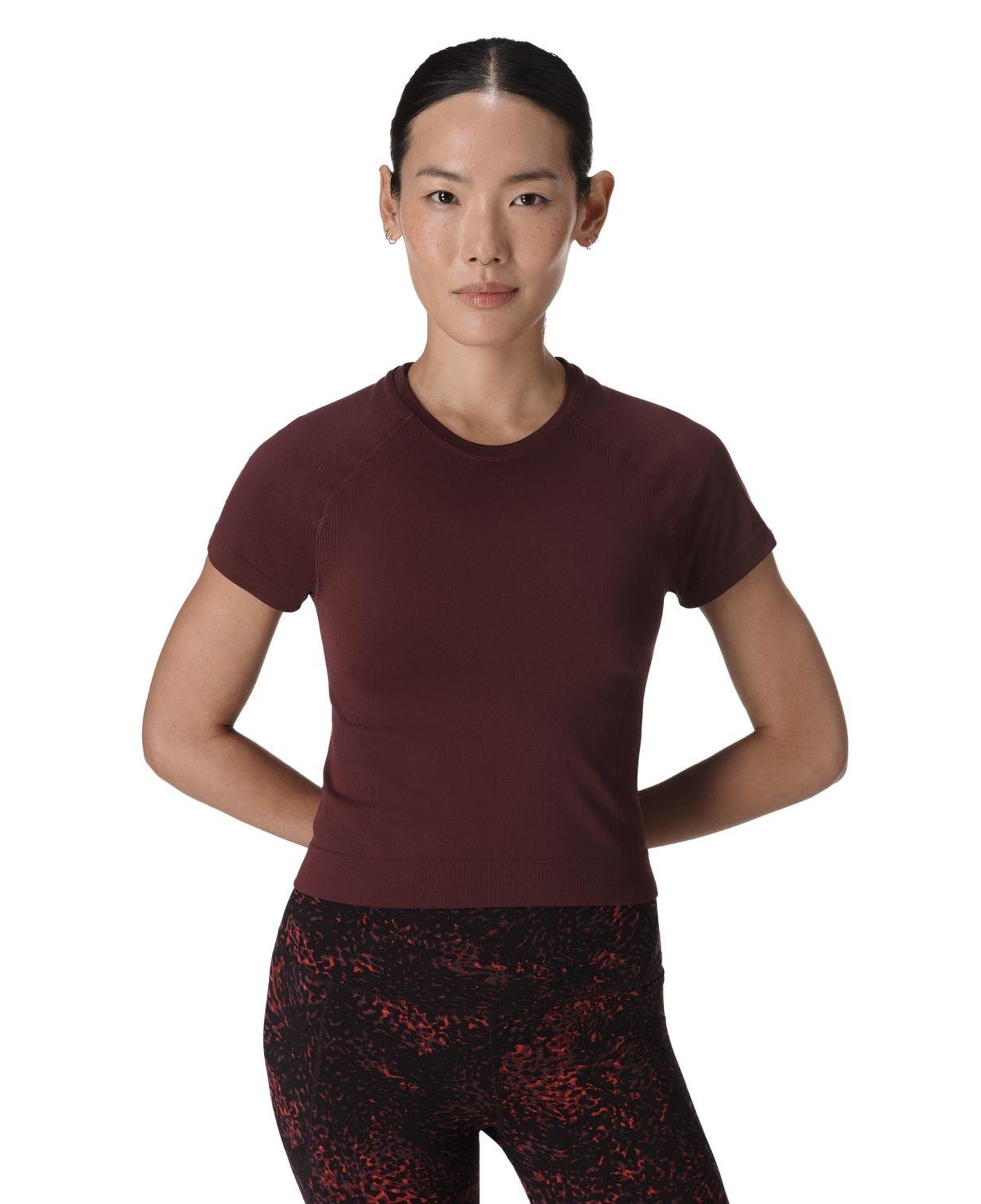 Sweaty Betty Athlete Crop Seamless Workout Kadın Bordo Fitness Tişört