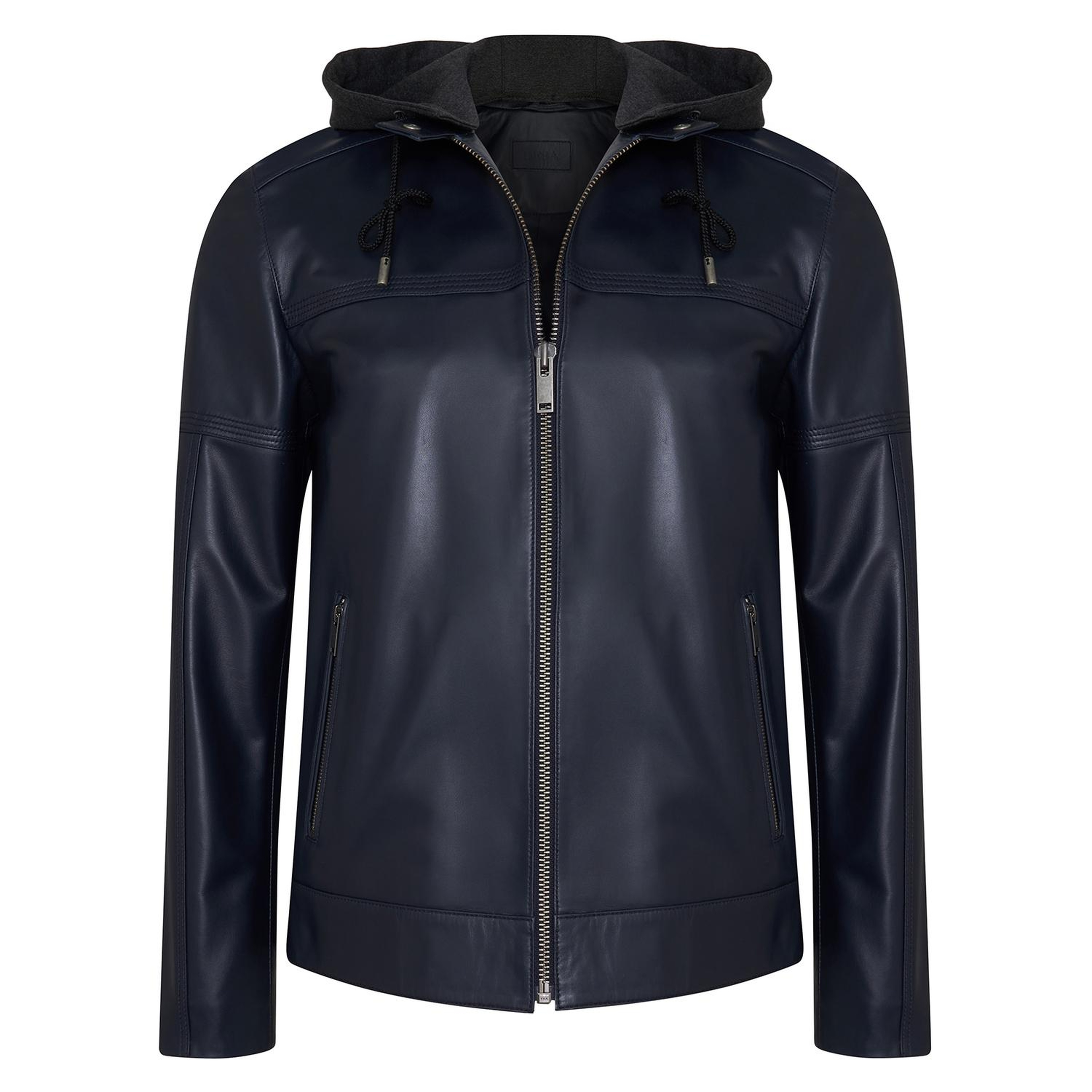 Selino Lacivert Erkek Kapüşonlü Deri Mont