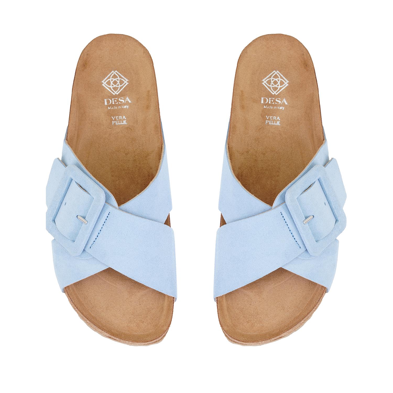 Kadın Mavi Ayarlanabilir Tokalı Süet Deri Terlik