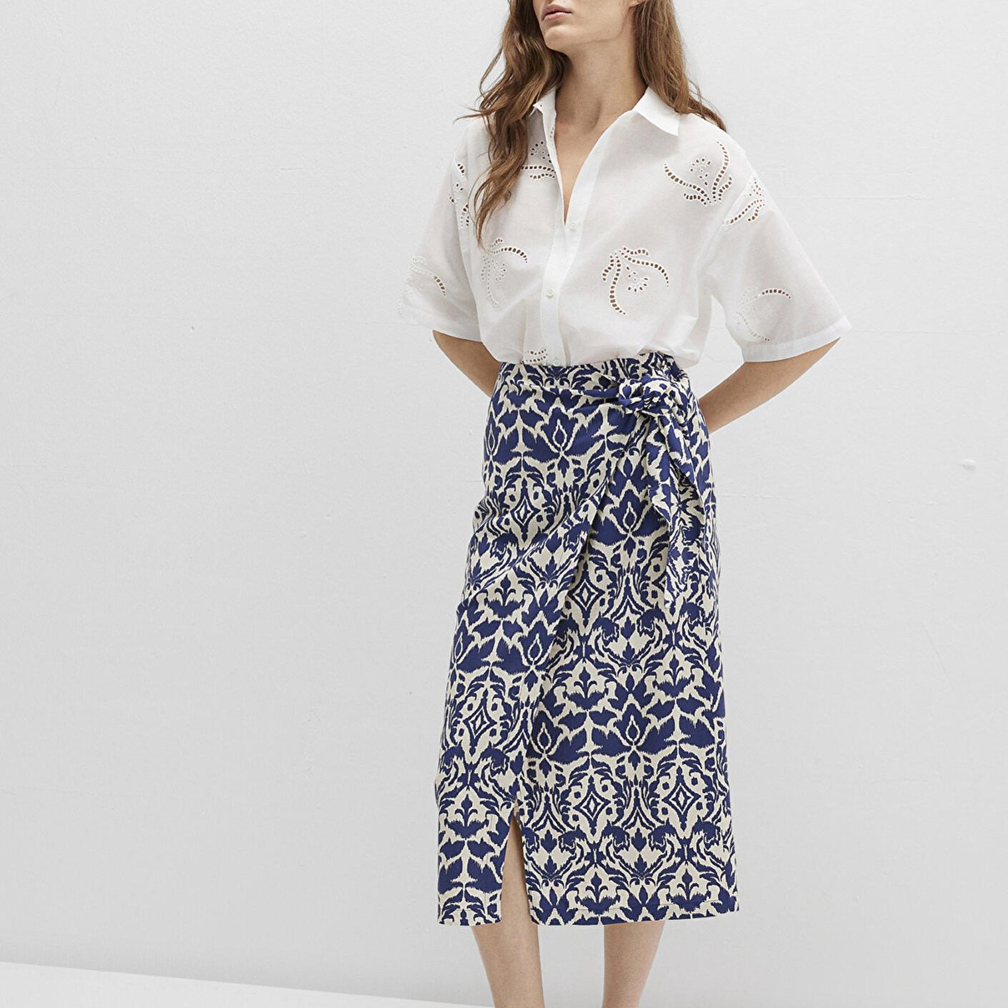 Mavi Bağlama Detaylı Baskılı Lacivert Etek 1310765-91089