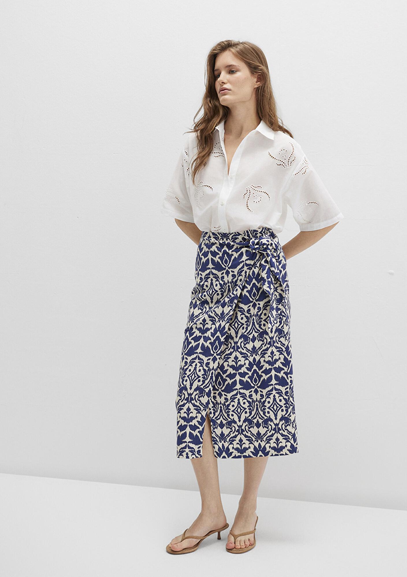 Mavi Bağlama Detaylı Baskılı Lacivert Etek 1310765-91089