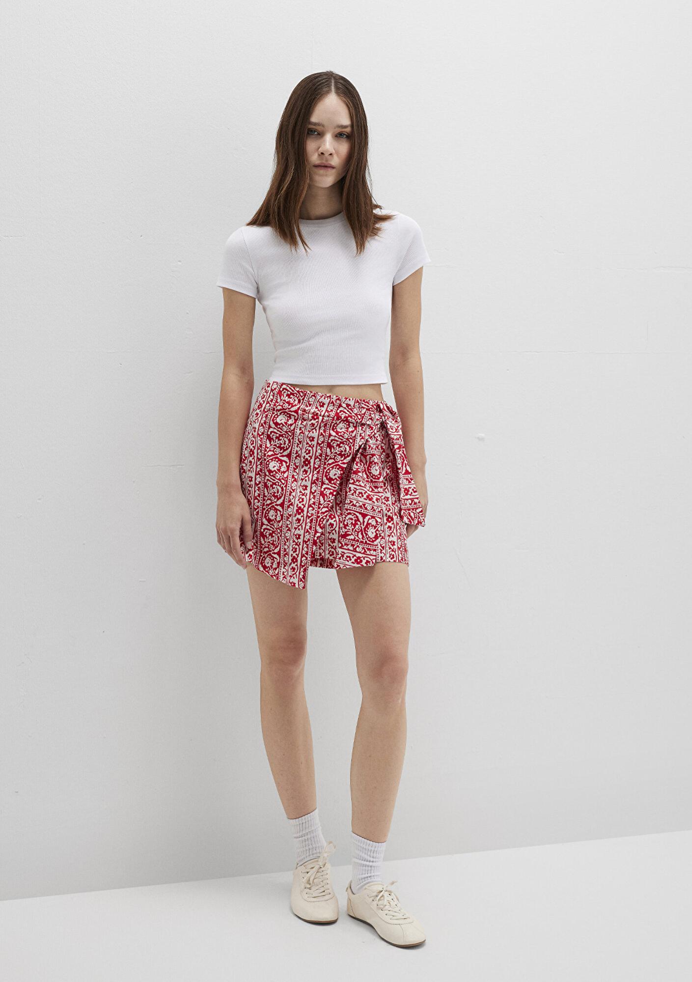 Mavi Bağlama Detaylı Baskılı Kırmızı Mini Etek 1310767-91091