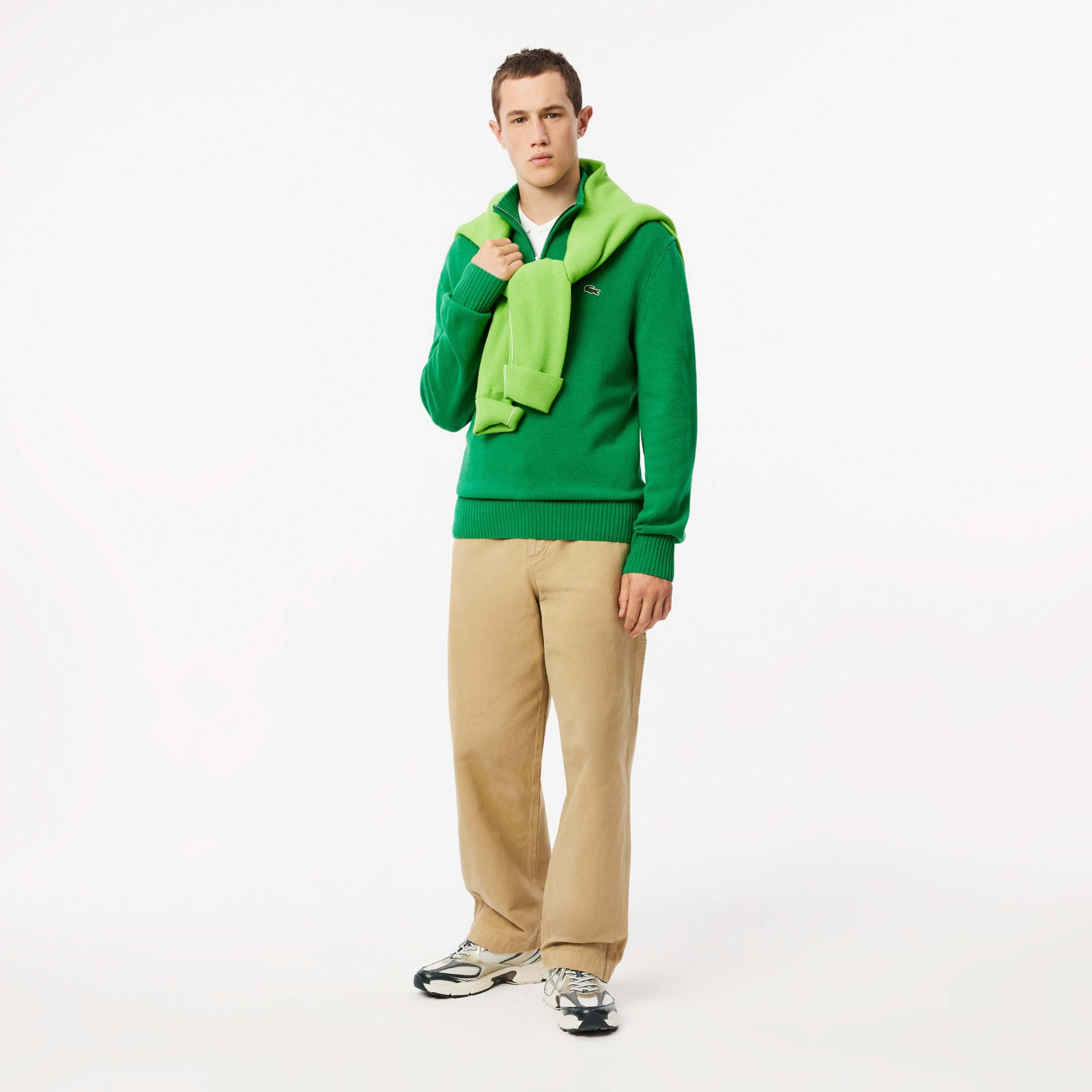 Lacoste Erkek Classic Fit Yarım Fermuarlı Yün Yeşil Kazak