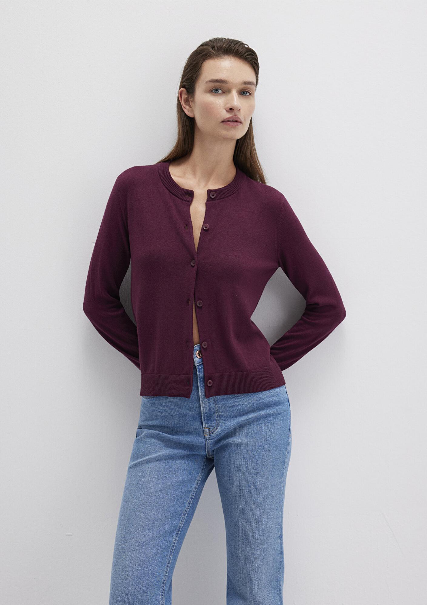 Mavi Yün Karışımlı Düğmeli Bordo Hırka Slim Fit / Dar Kesim 1710713-87830