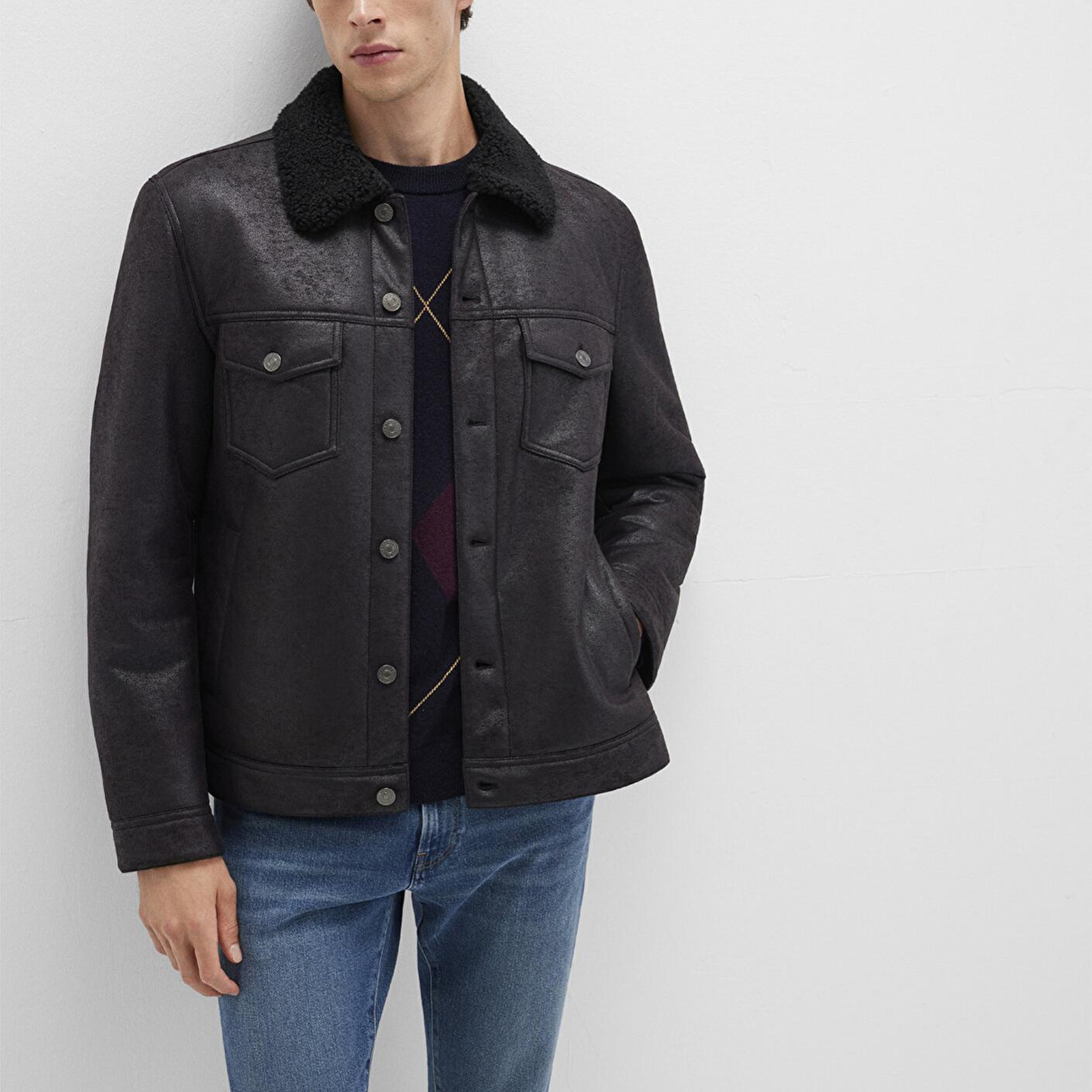 Mavi Suni Kürk Detaylı Siyah Suni Deri Ceket Regular Fit / Normal Kesim 0110460-71379