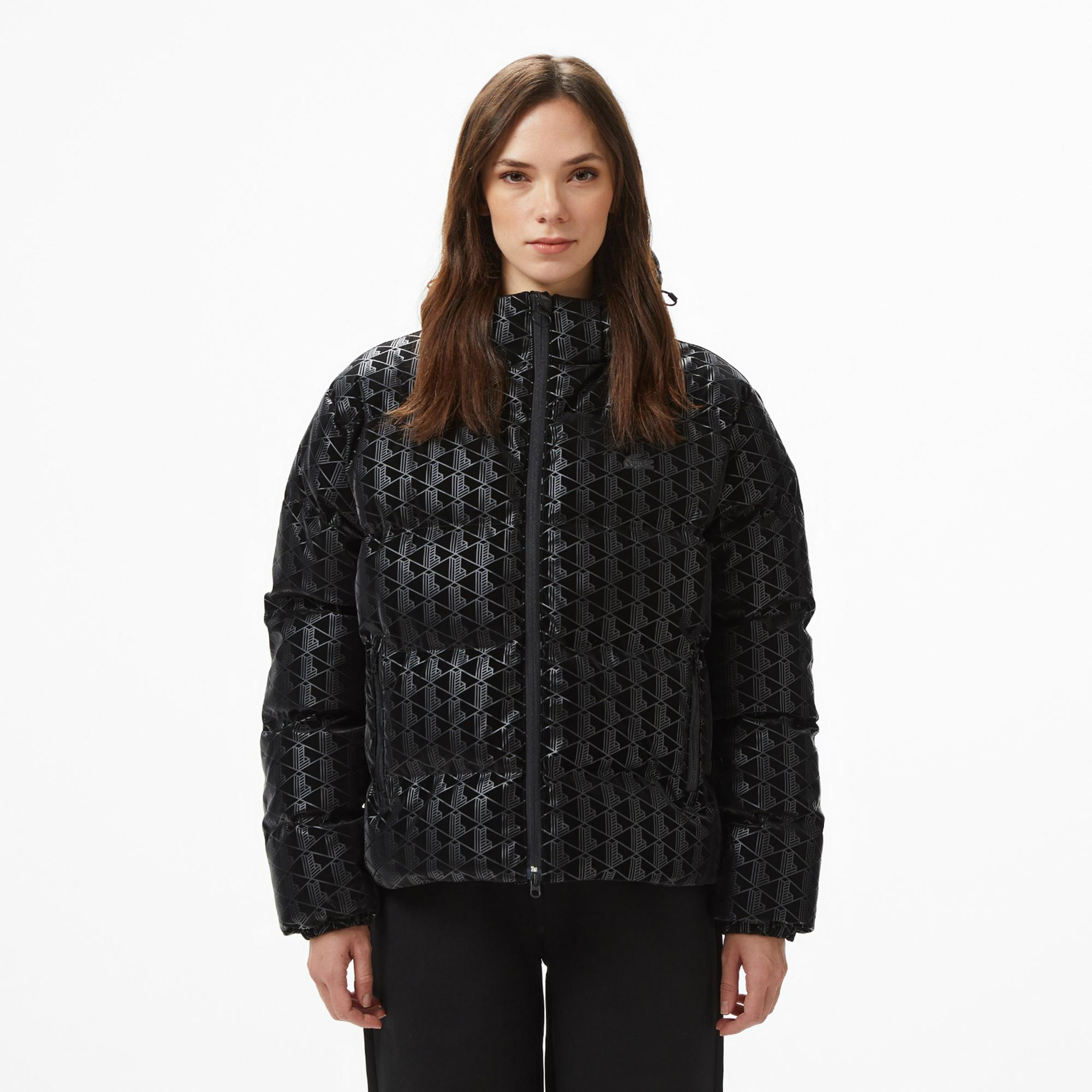 Lacoste Kadın Kapüşonlu Monogram Siyah Mont