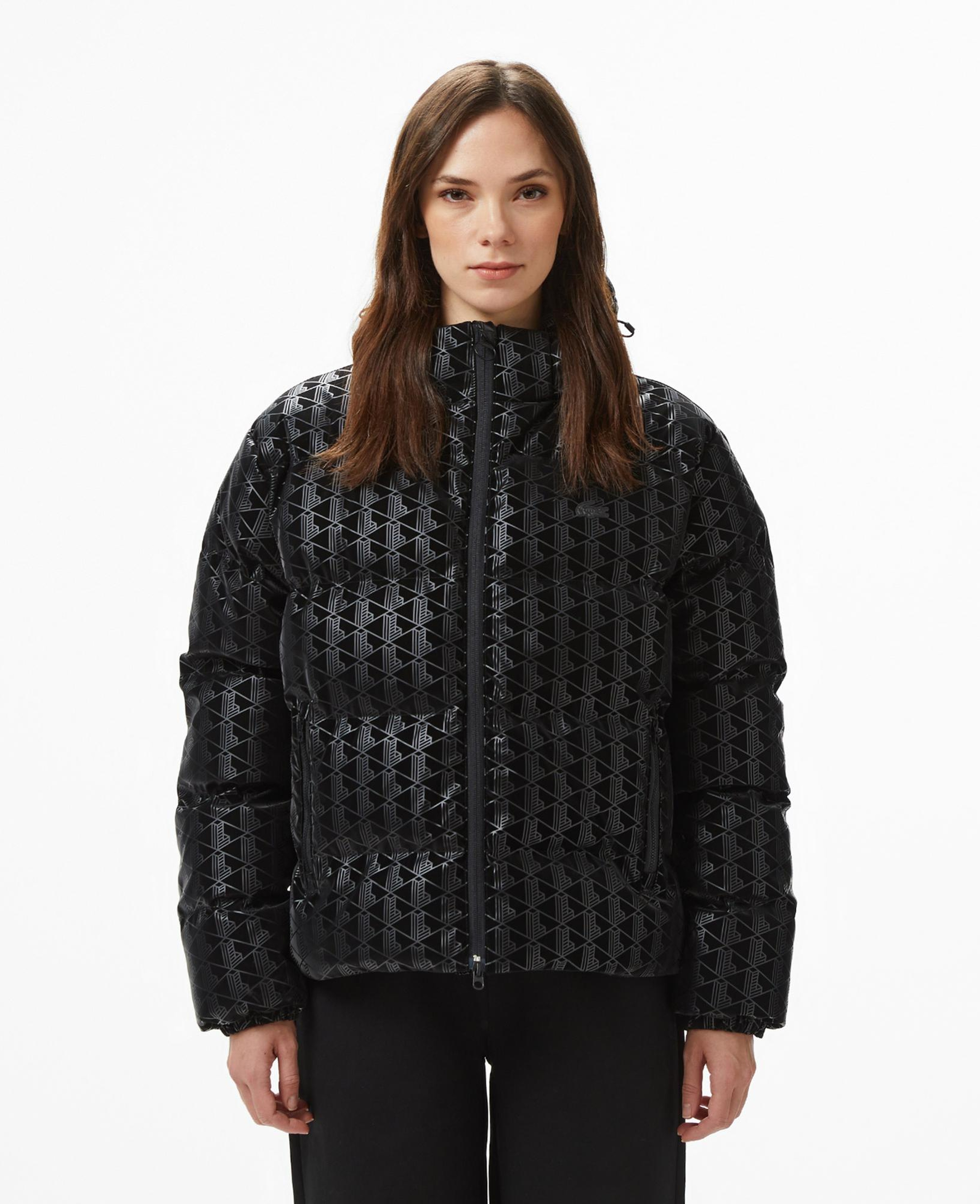 Lacoste Kadın Kapüşonlu Monogram Siyah Mont