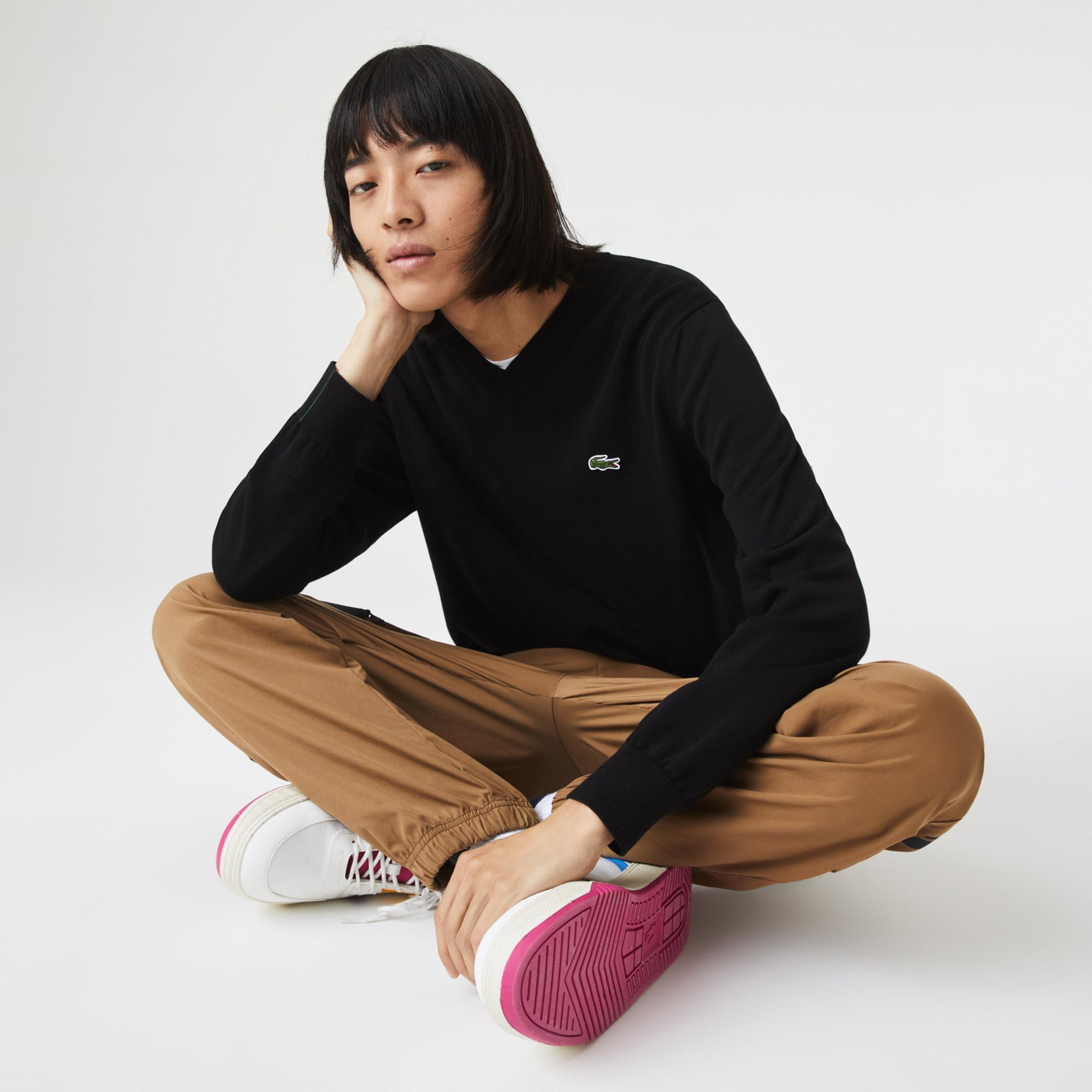 Erkek Regular Fit V Yaka Organik Pamuk Siyah Triko