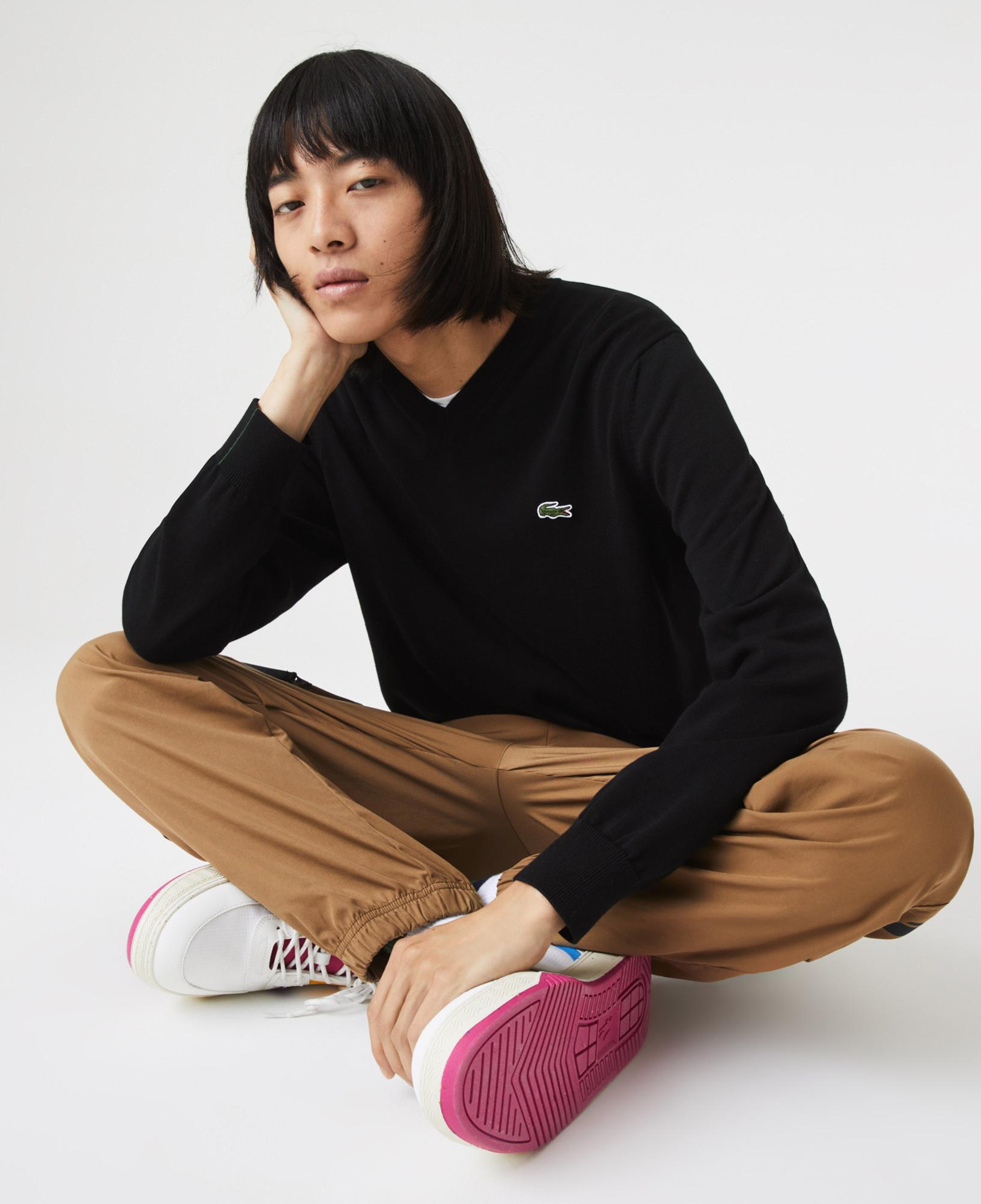 Erkek Regular Fit V Yaka Organik Pamuk Siyah Triko