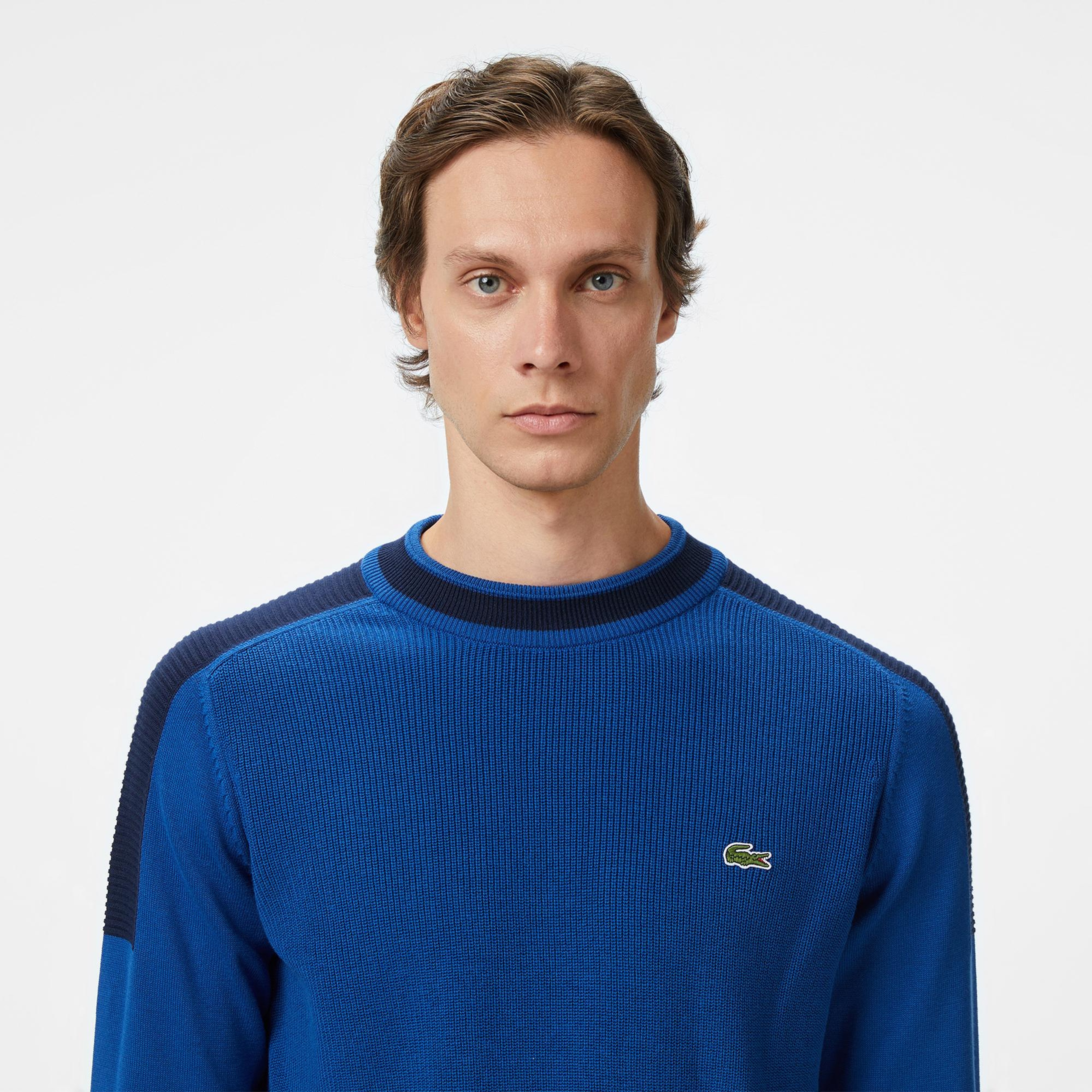 Lacoste Erkek Classic Fit Bisiklet Yaka Renk Bloklu Mavi Kazak