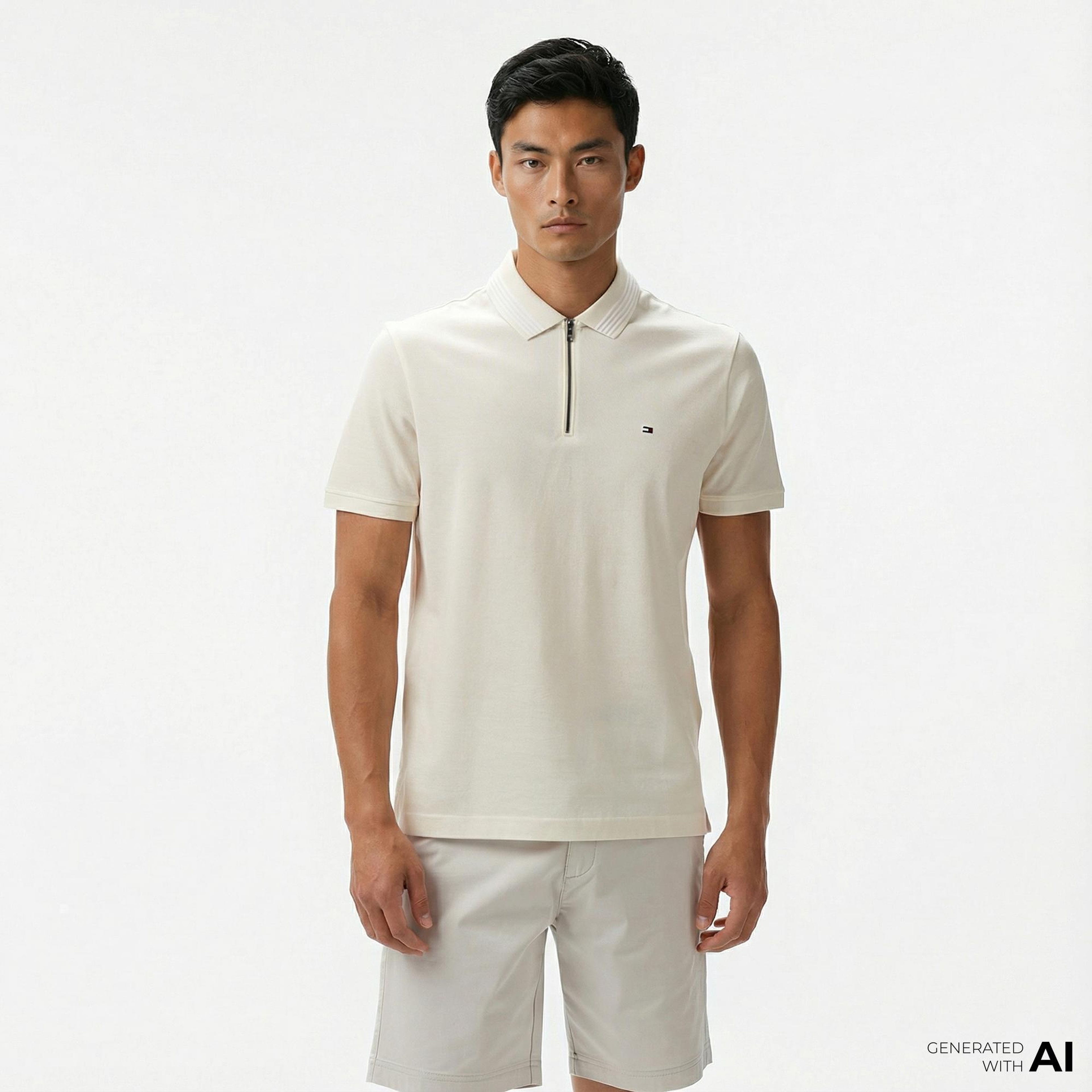 Tommy Hilfiger Mercerised Pique Erkek Krem Polo Yaka T-Shirt