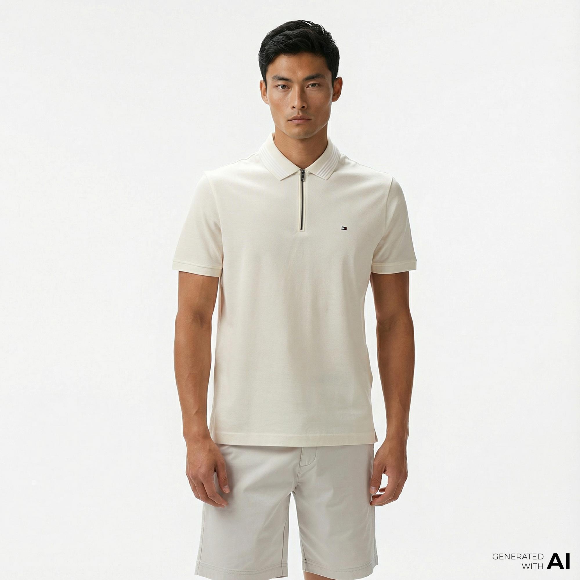 Tommy Hilfiger Mercerised Pique Erkek Krem Polo Yaka T-Shirt