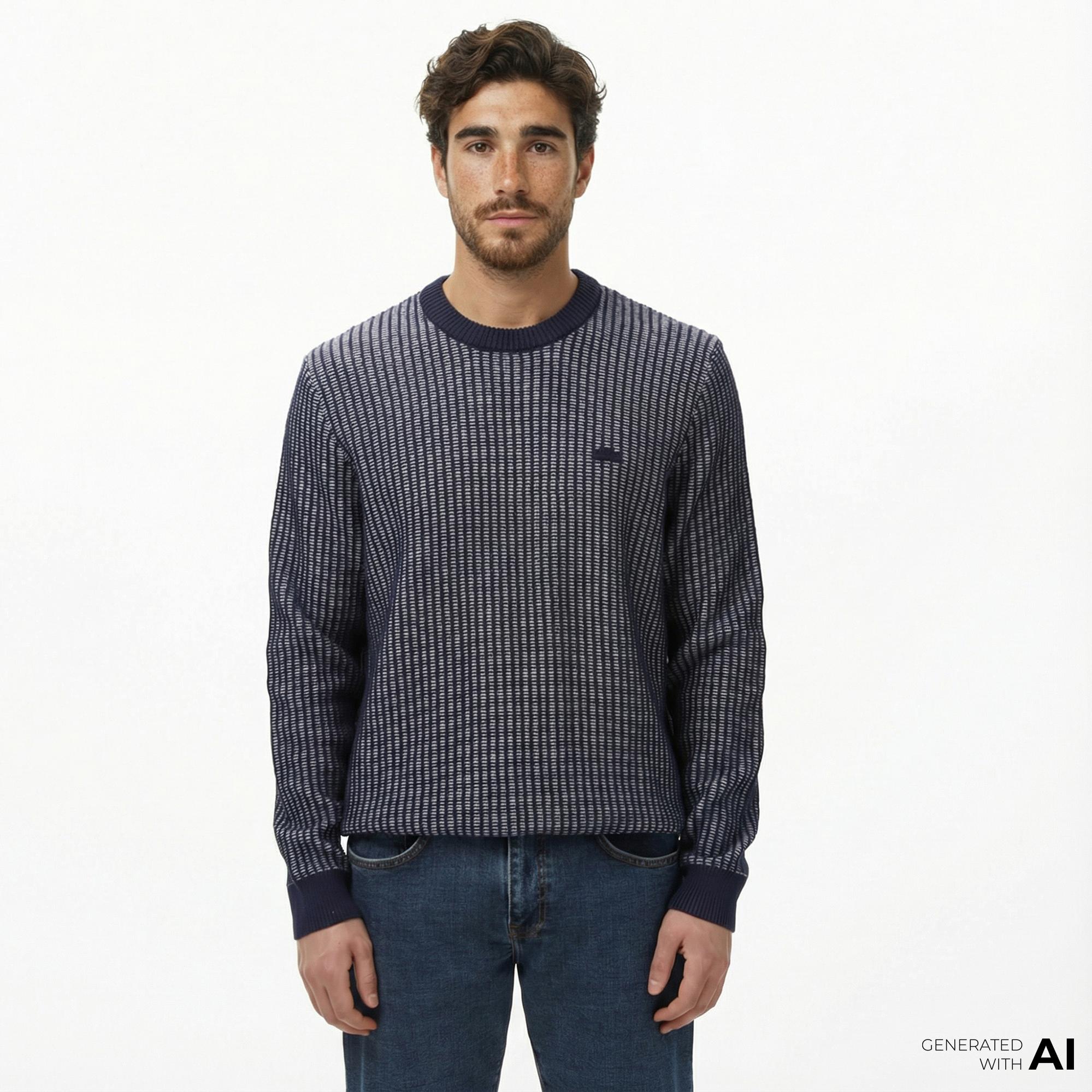 Lacoste Erkek Classic Fit Bisiklet Yaka Desenli Lacivert Kazak