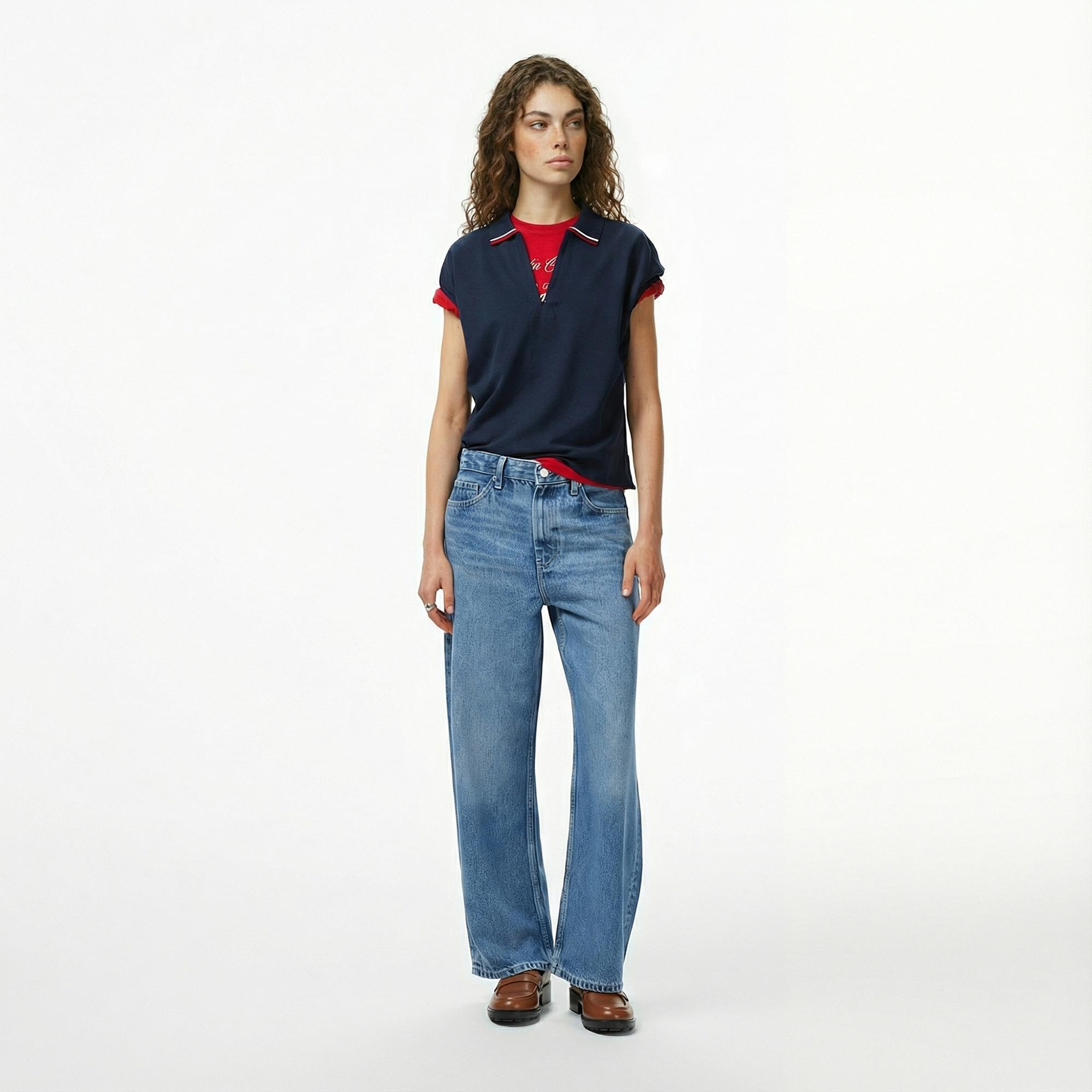 Tommy Hilfiger Lyocell Tipping Open Kadın Lacivert Polo Yaka T-Shirt