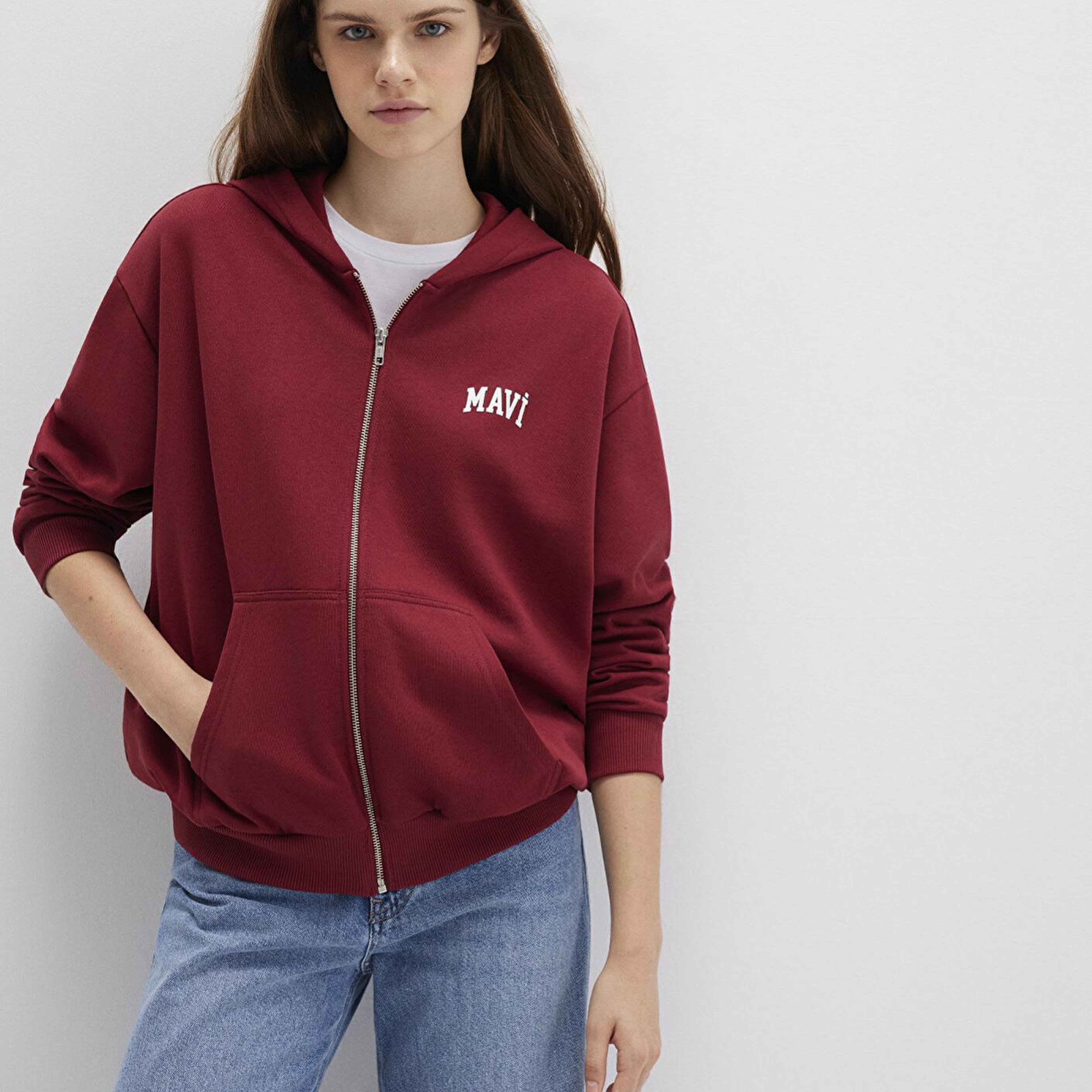 Mavi Mavi Logo Baskılı Kapüşonlu Fermuarlı Bordo Sweatshirt 1S10178-85493