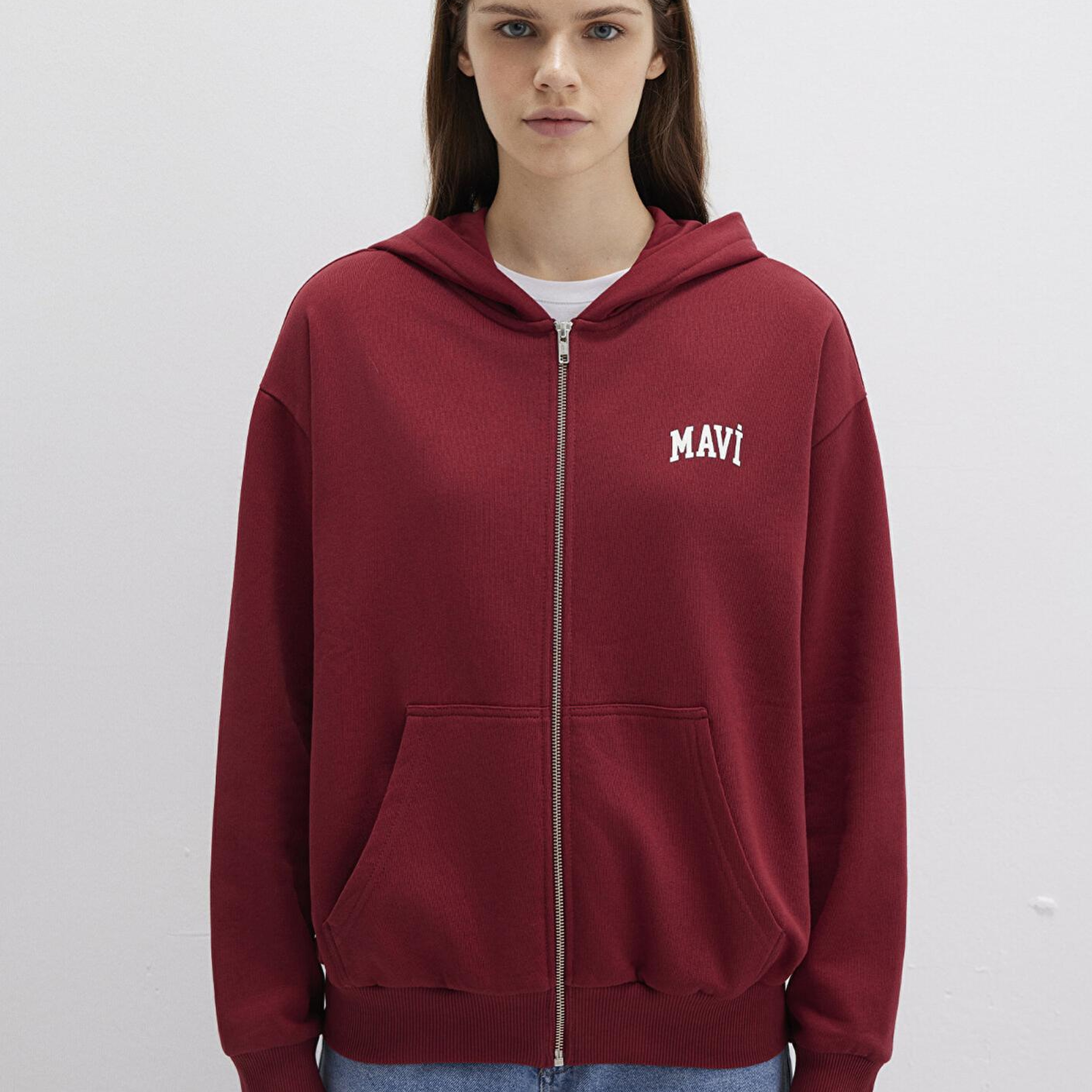 Mavi Mavi Logo Baskılı Kapüşonlu Fermuarlı Bordo Sweatshirt 1S10178-85493