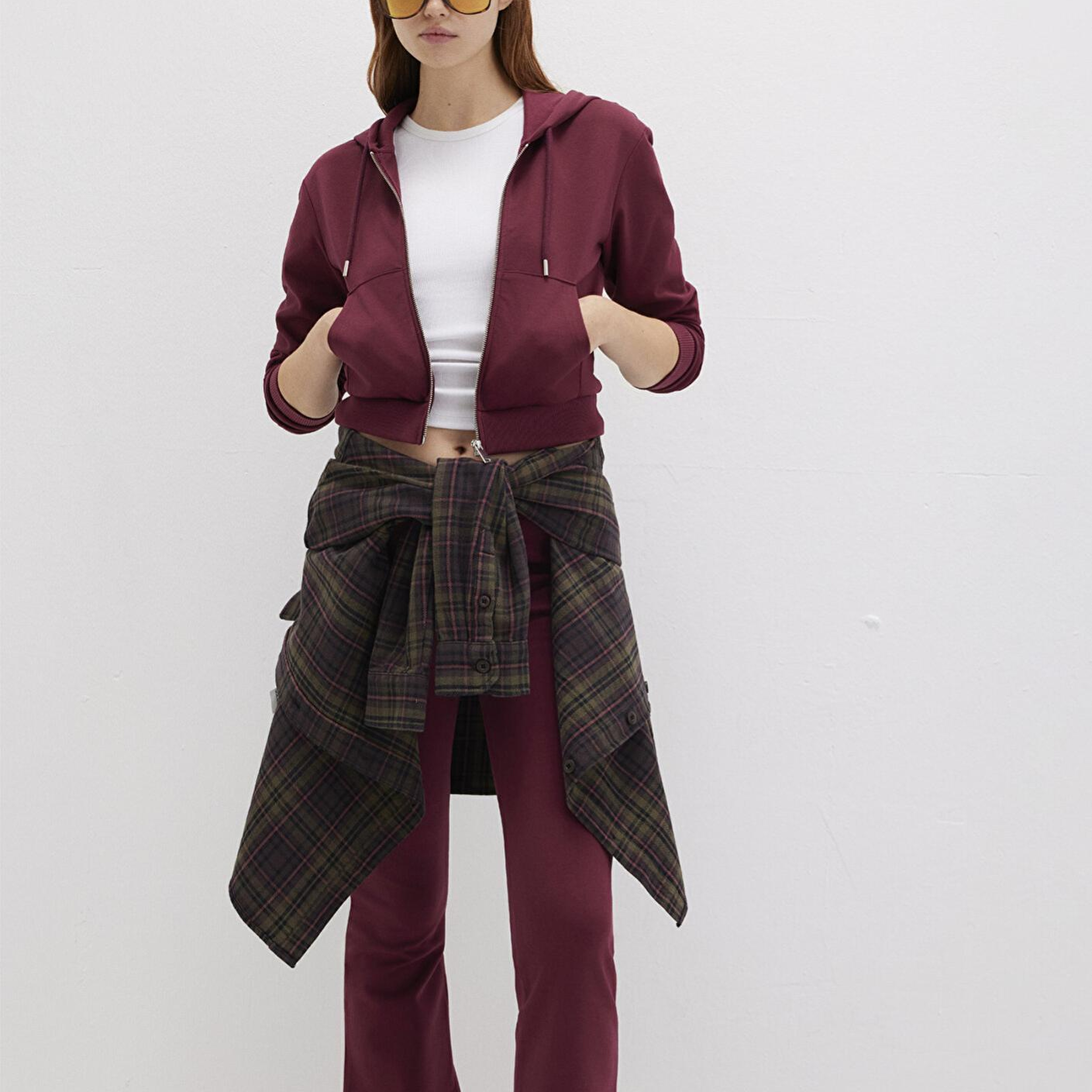 Mavi Kapüşonlu Bordo İnterlok Sweatshirt 1S10424-70394