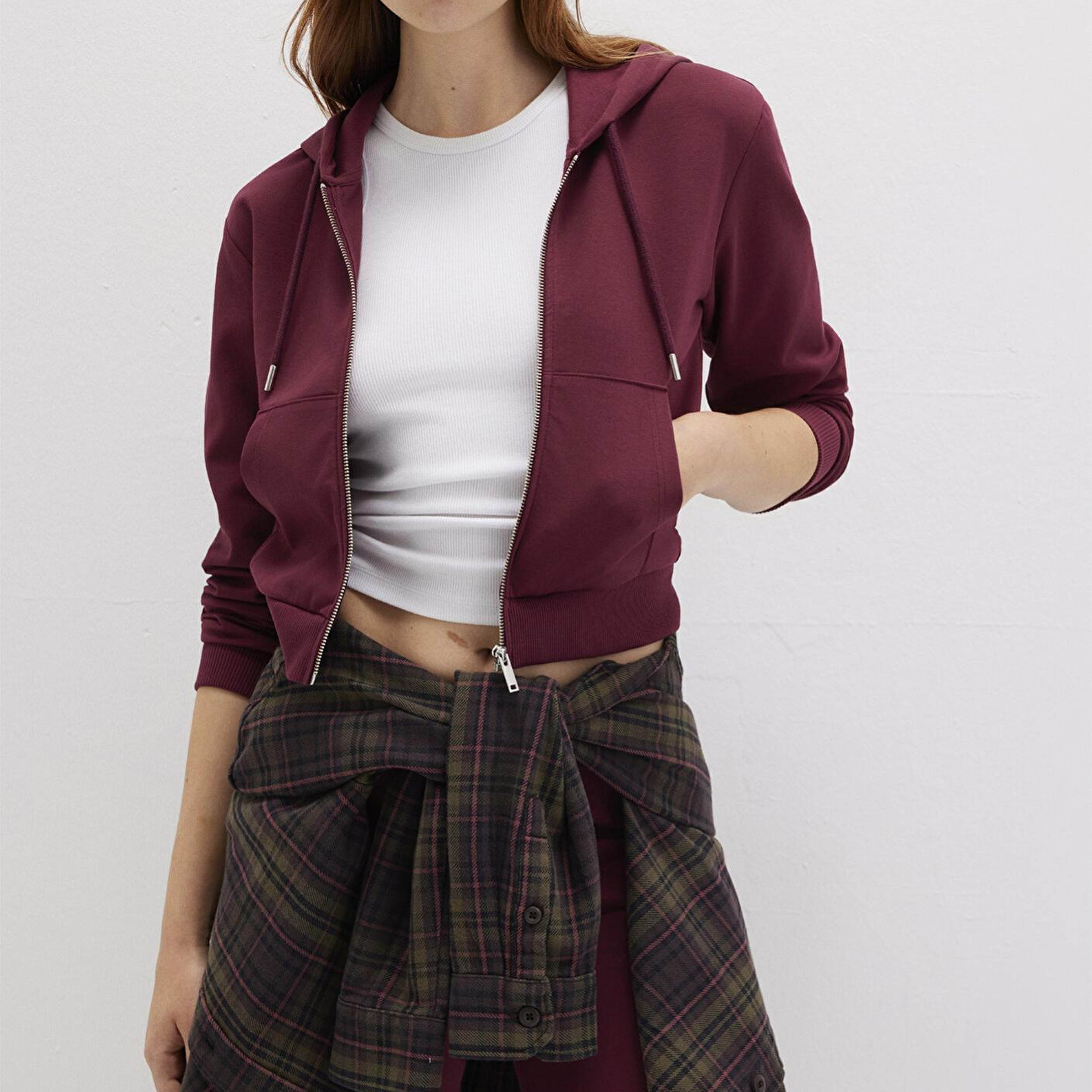 Mavi Kapüşonlu Bordo İnterlok Sweatshirt 1S10424-70394