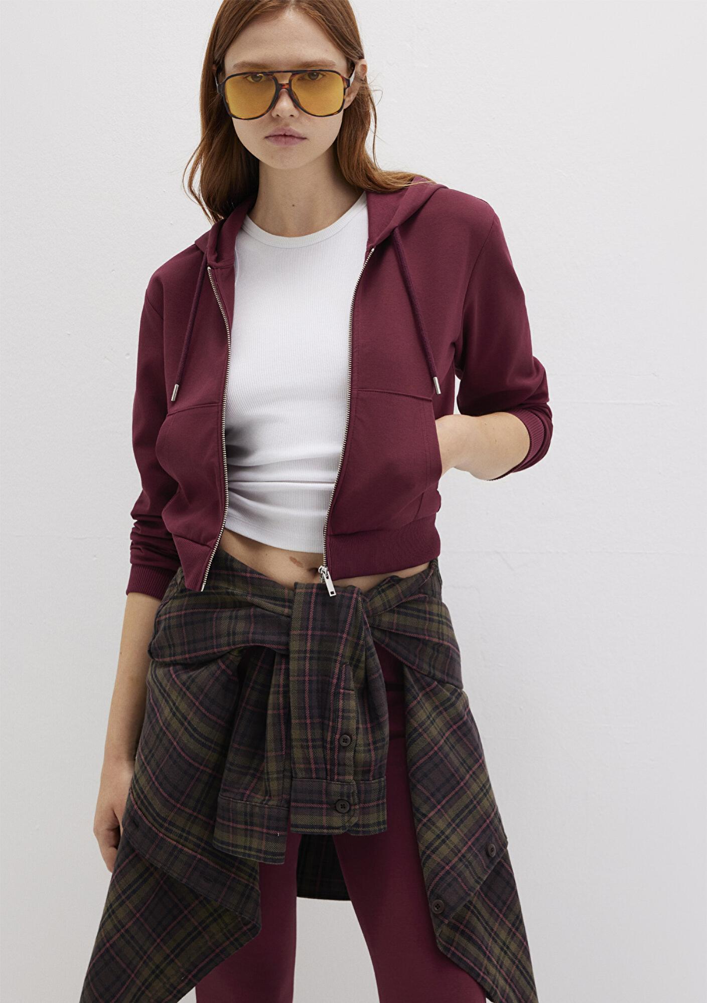 Mavi Kapüşonlu Bordo İnterlok Sweatshirt 1S10424-70394