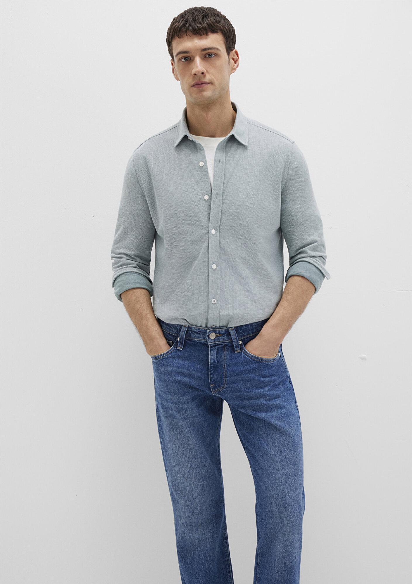 Mavi Yeşil Örme Gömlek Slim Fit / Dar Kesim 0211513-70131