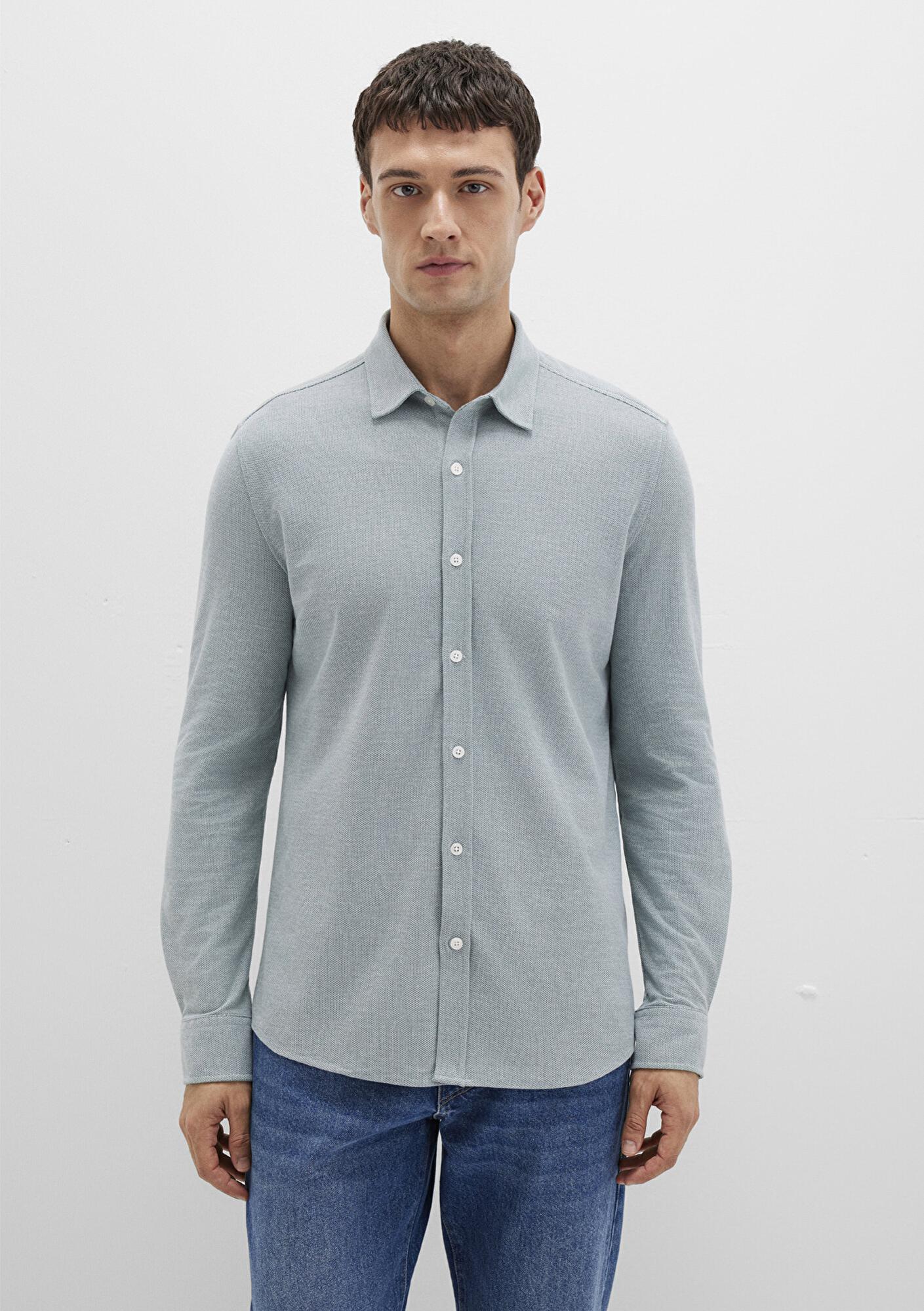 Mavi Yeşil Örme Gömlek Slim Fit / Dar Kesim 0211513-70131