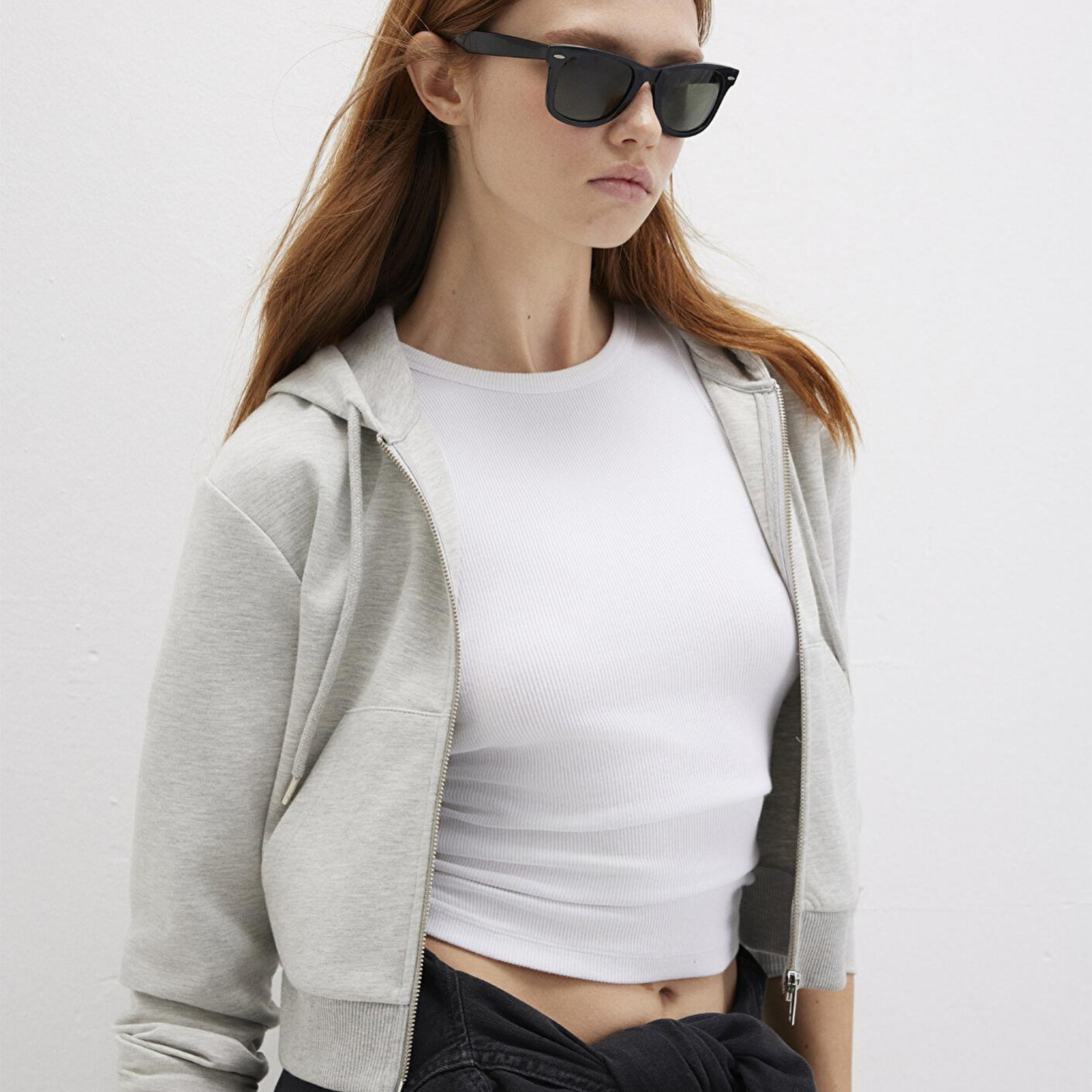 Mavi Kapüşonlu Gri İnterlok Sweatshirt 1S10424-88467