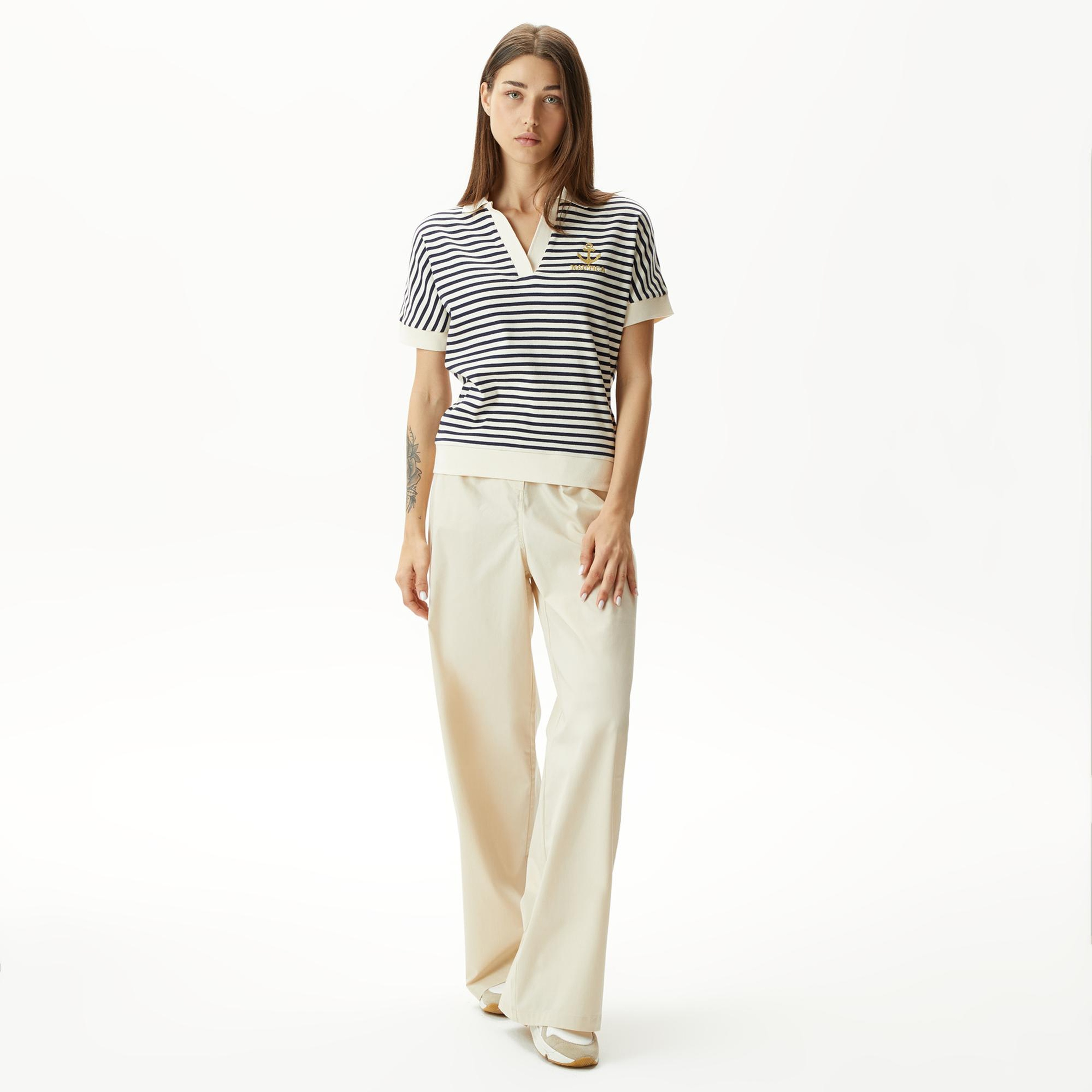 Nautica Kadın Lacivert Slim Fit Çizgili Polo Yaka T-Shirt