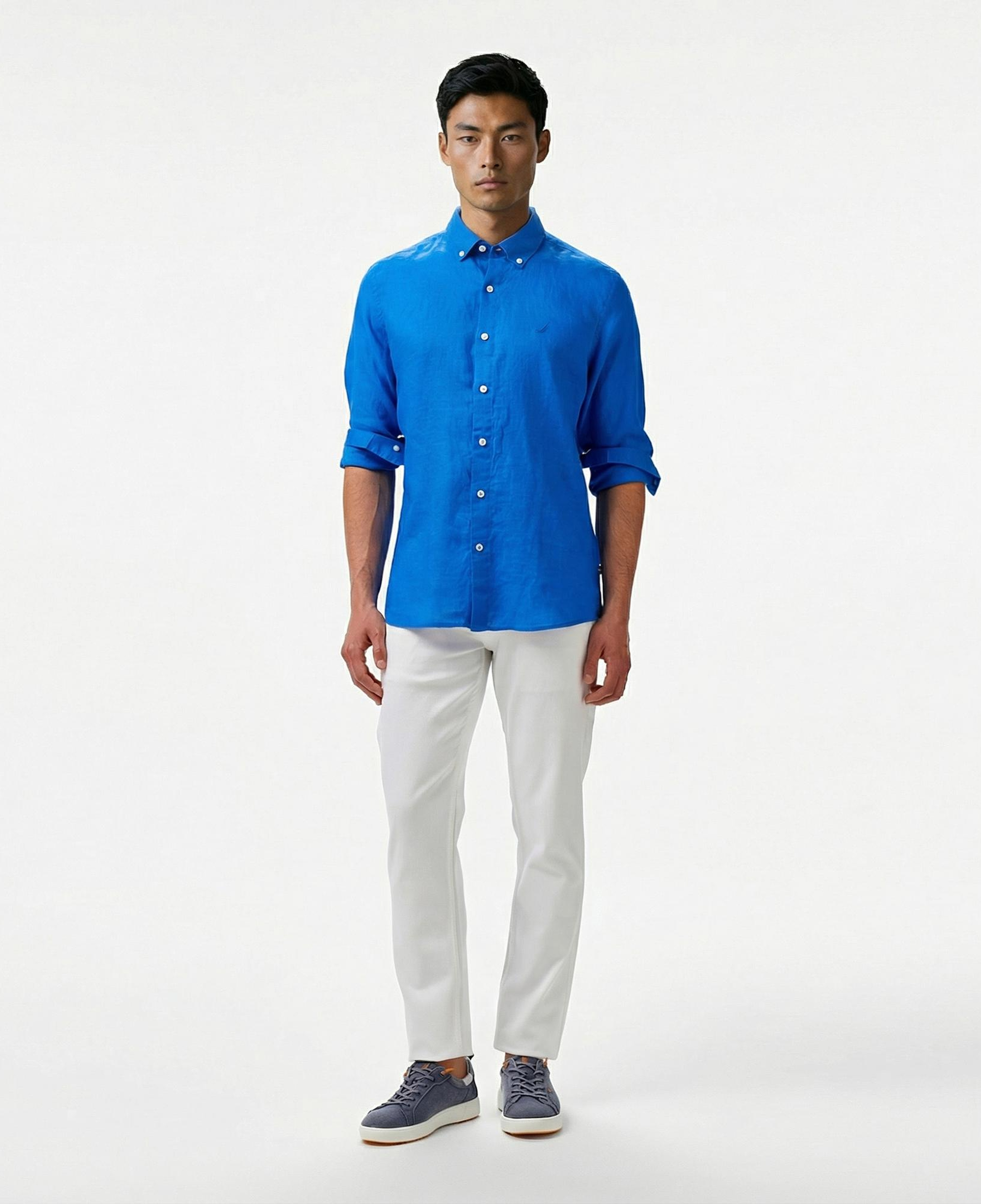 Nautica Erkek Mavi Classic Fit Keten Gömlek