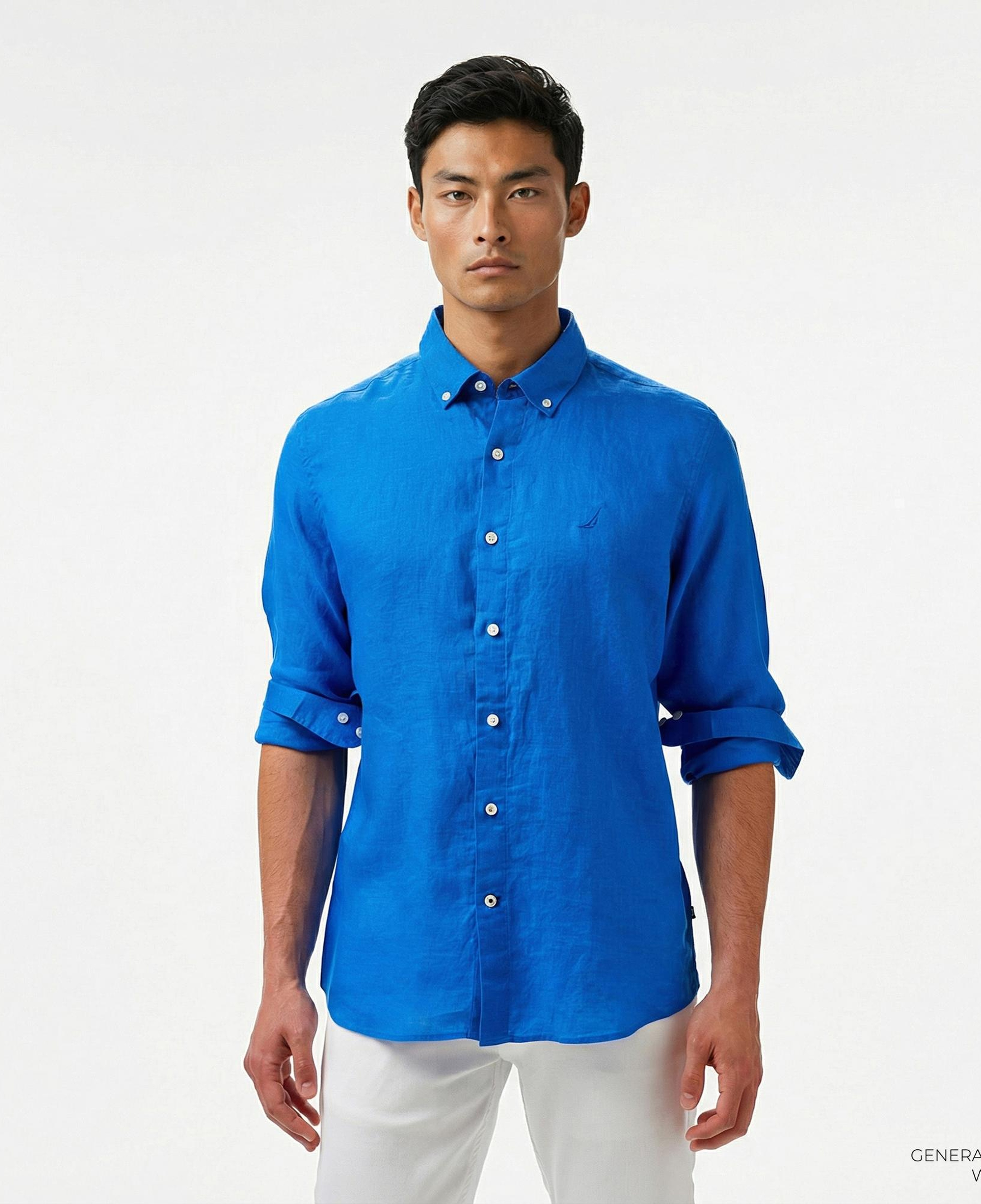 Nautica Erkek Mavi Classic Fit Keten Gömlek