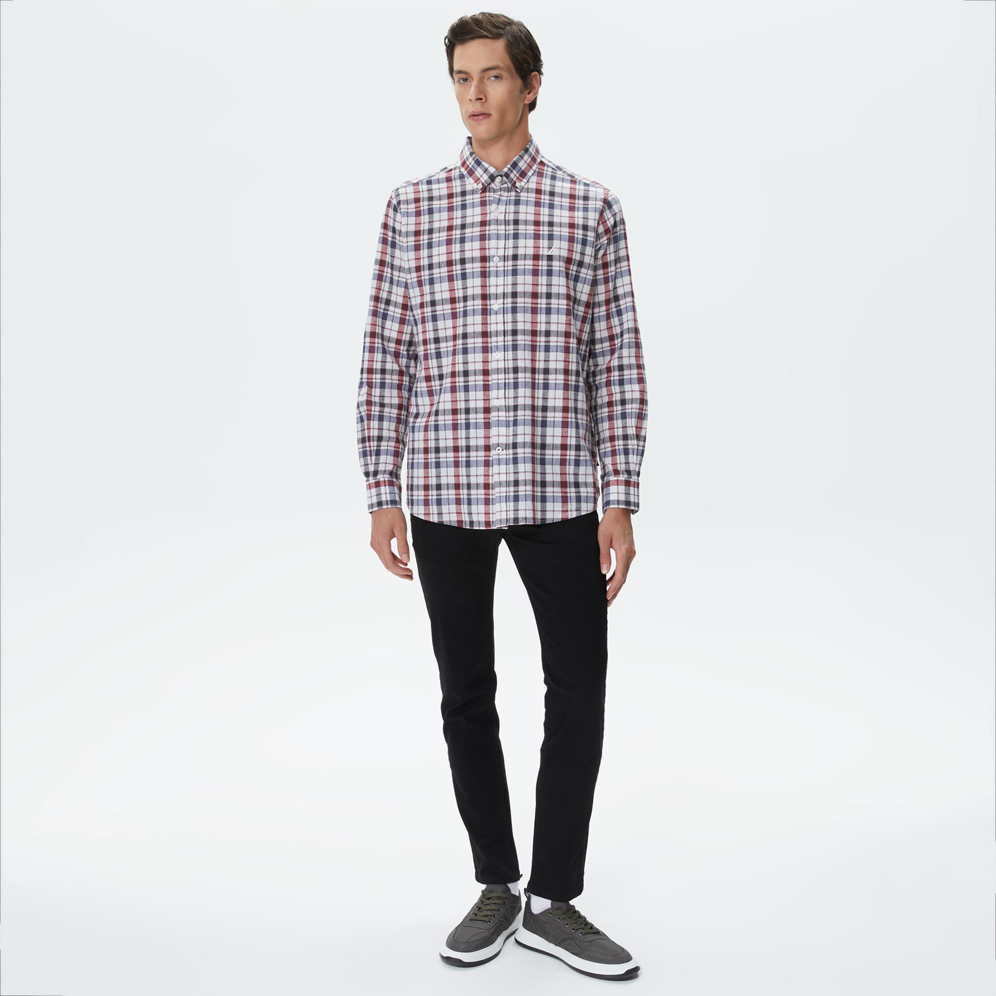 Nautica Erkek Kırık Beyaz Classic Fit Uzun Kollu Ekoseli Gömlek