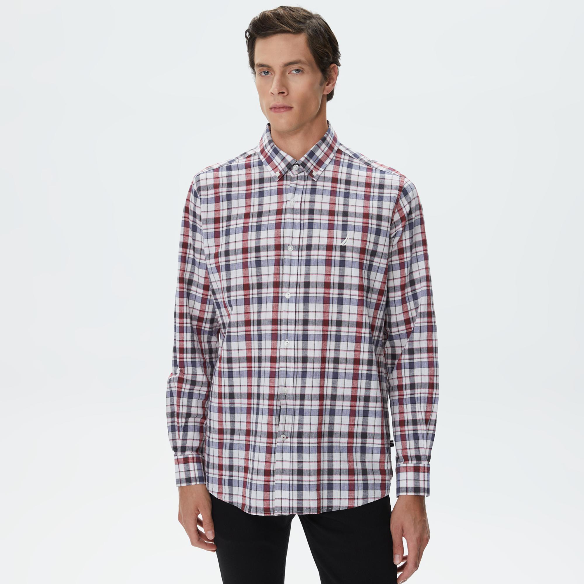 Nautica Erkek Kırık Beyaz Classic Fit Uzun Kollu Ekoseli Gömlek