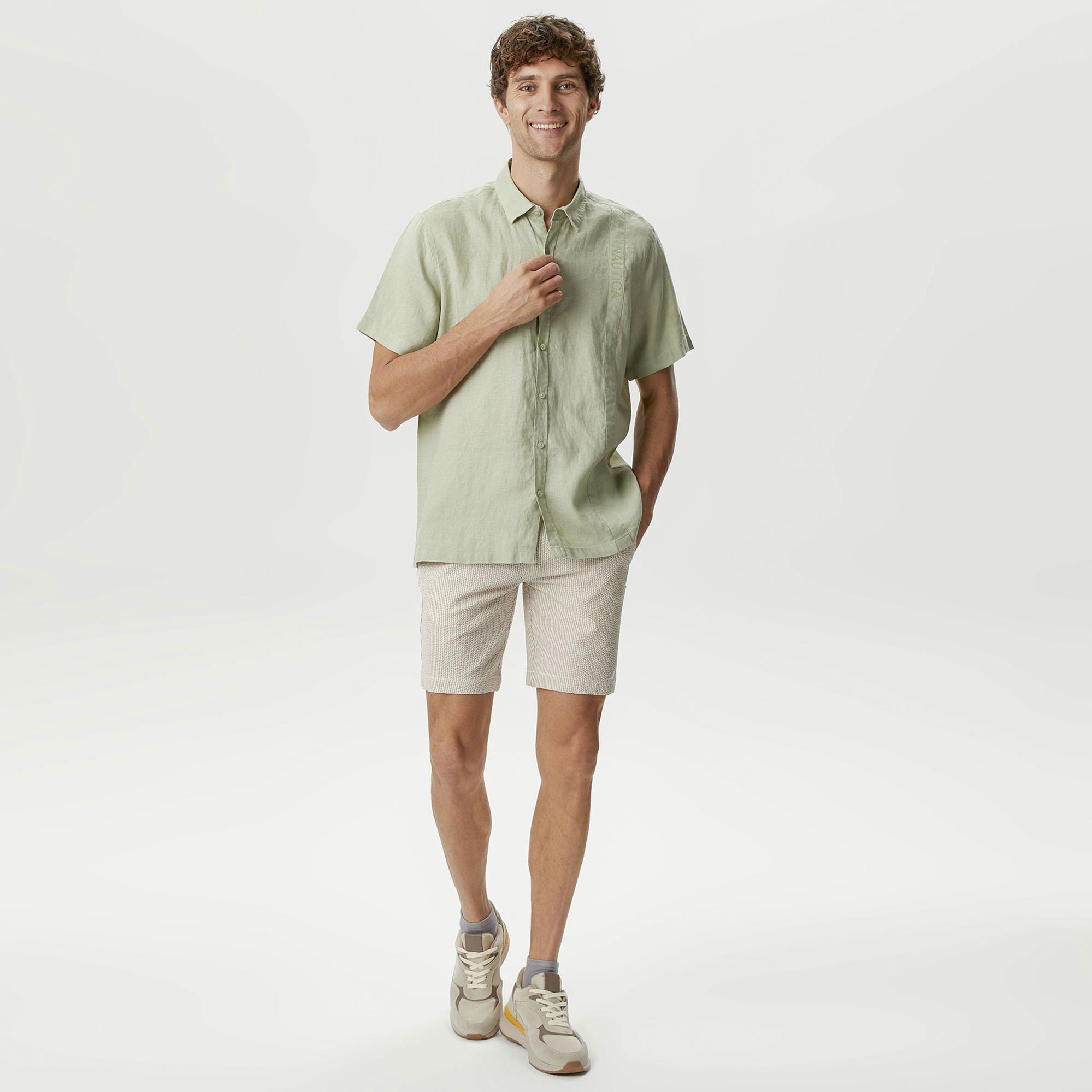 Nautica Erkek Yeşil Classic Fit Kısa Kollu Keten Gömlek