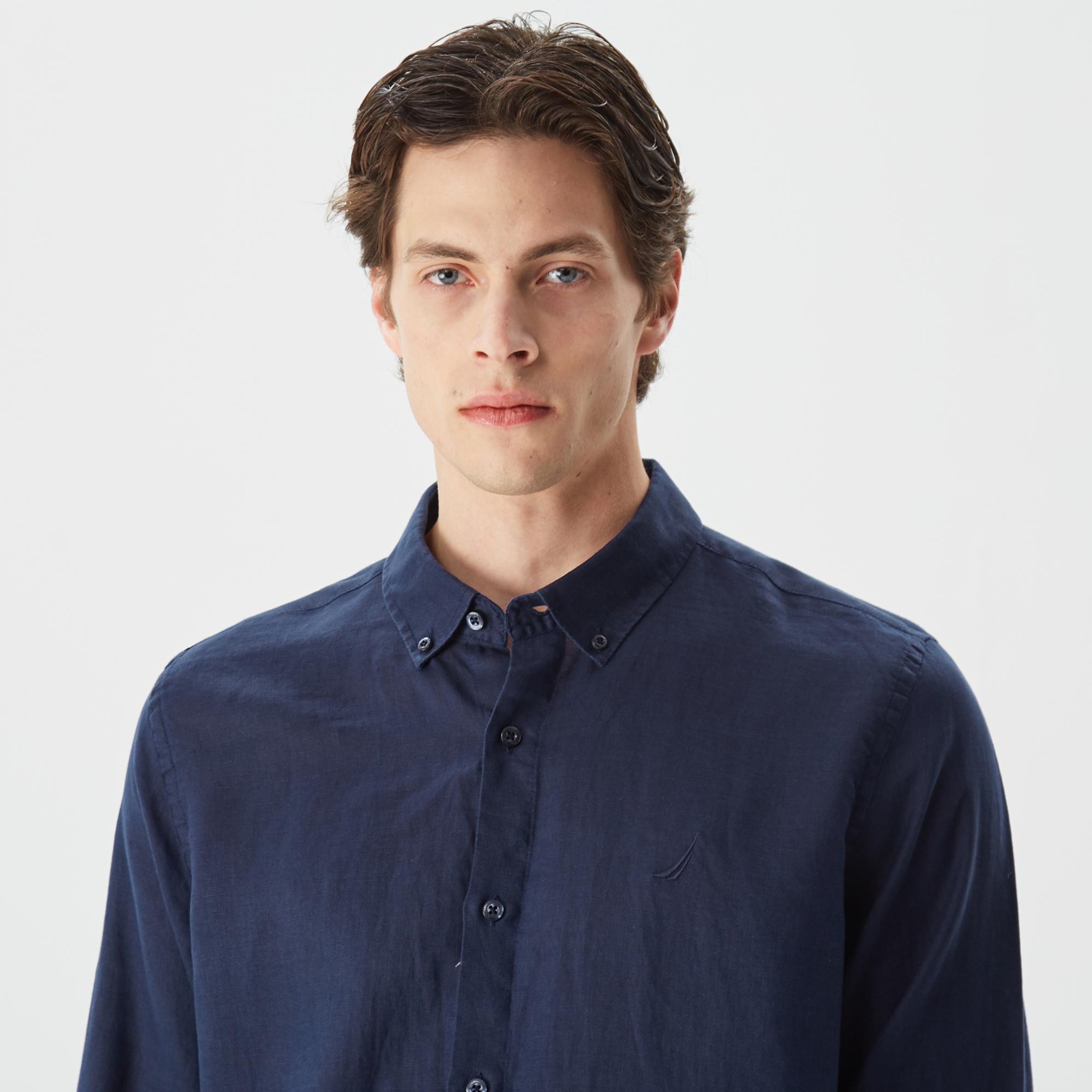 Nautica Erkek Lacivert Classic Fit Uzun Kollu Keten Gömlek