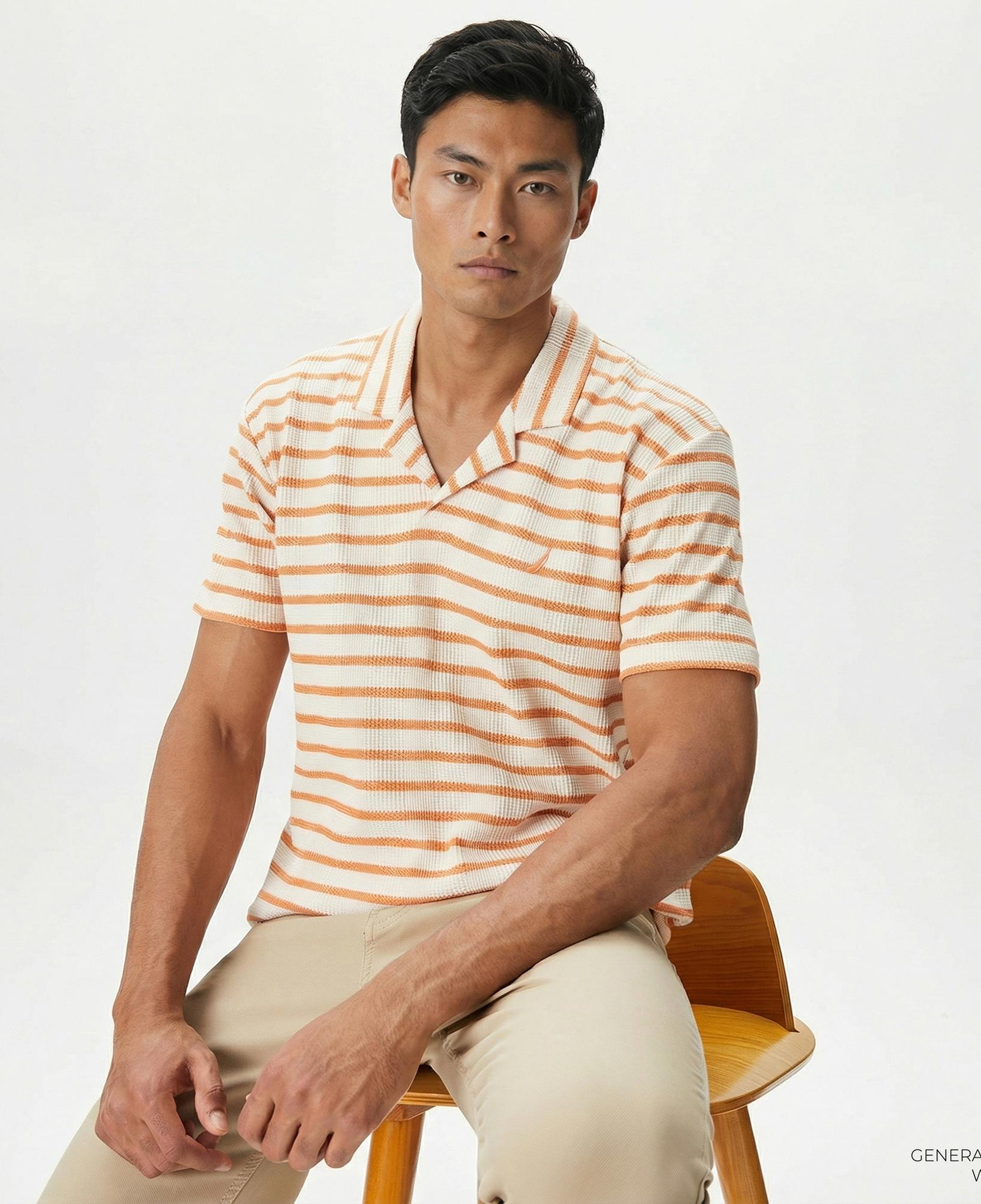 Nautica Erkek Turuncu Classic Fit Kısa Kollu Çizgili Polo Yaka T-Shirt