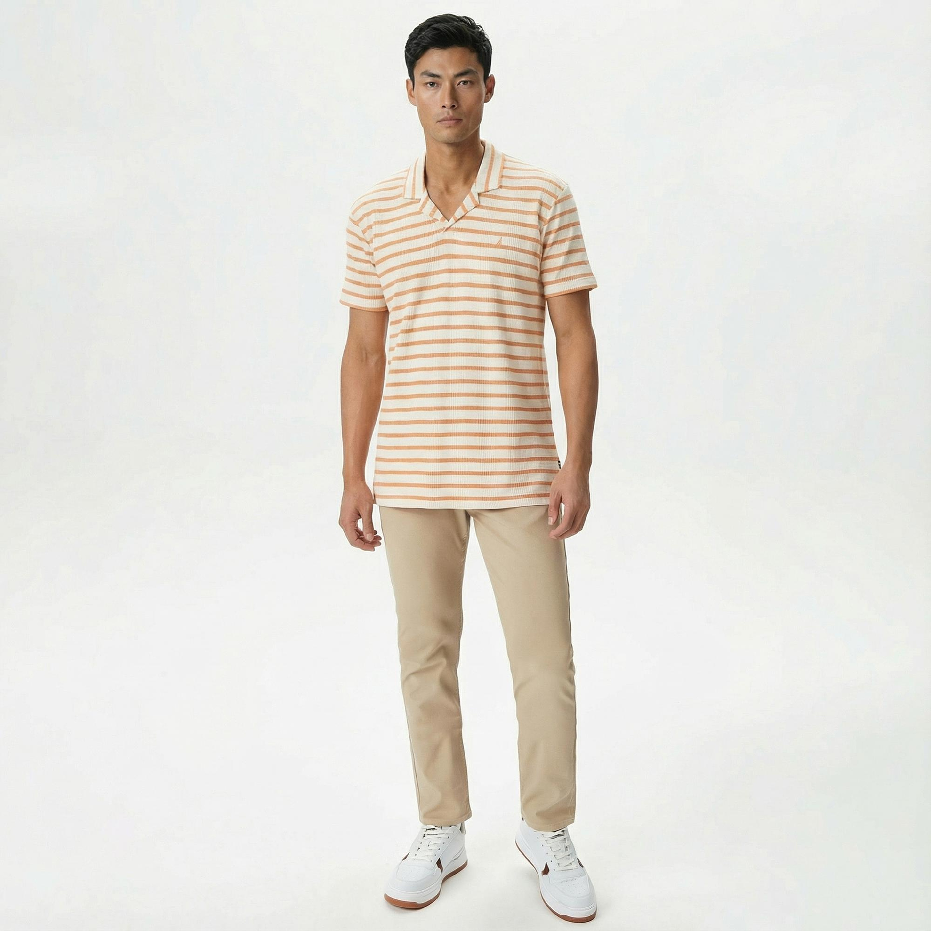 Nautica Erkek Turuncu Classic Fit Kısa Kollu Çizgili Polo Yaka T-Shirt