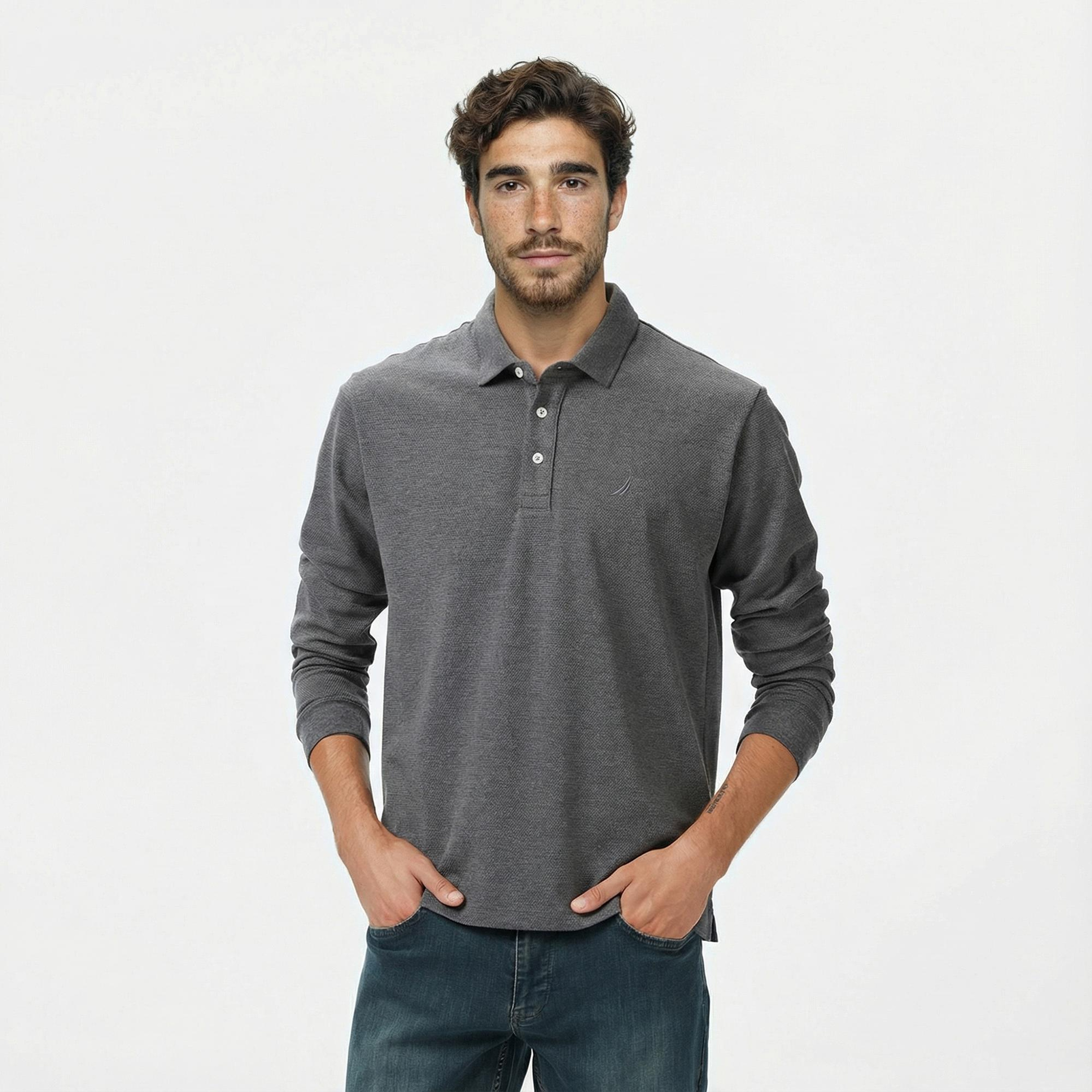Nautica Erkek Gri Classic Fit Uzun Kollu Polo Yaka T-Shirt