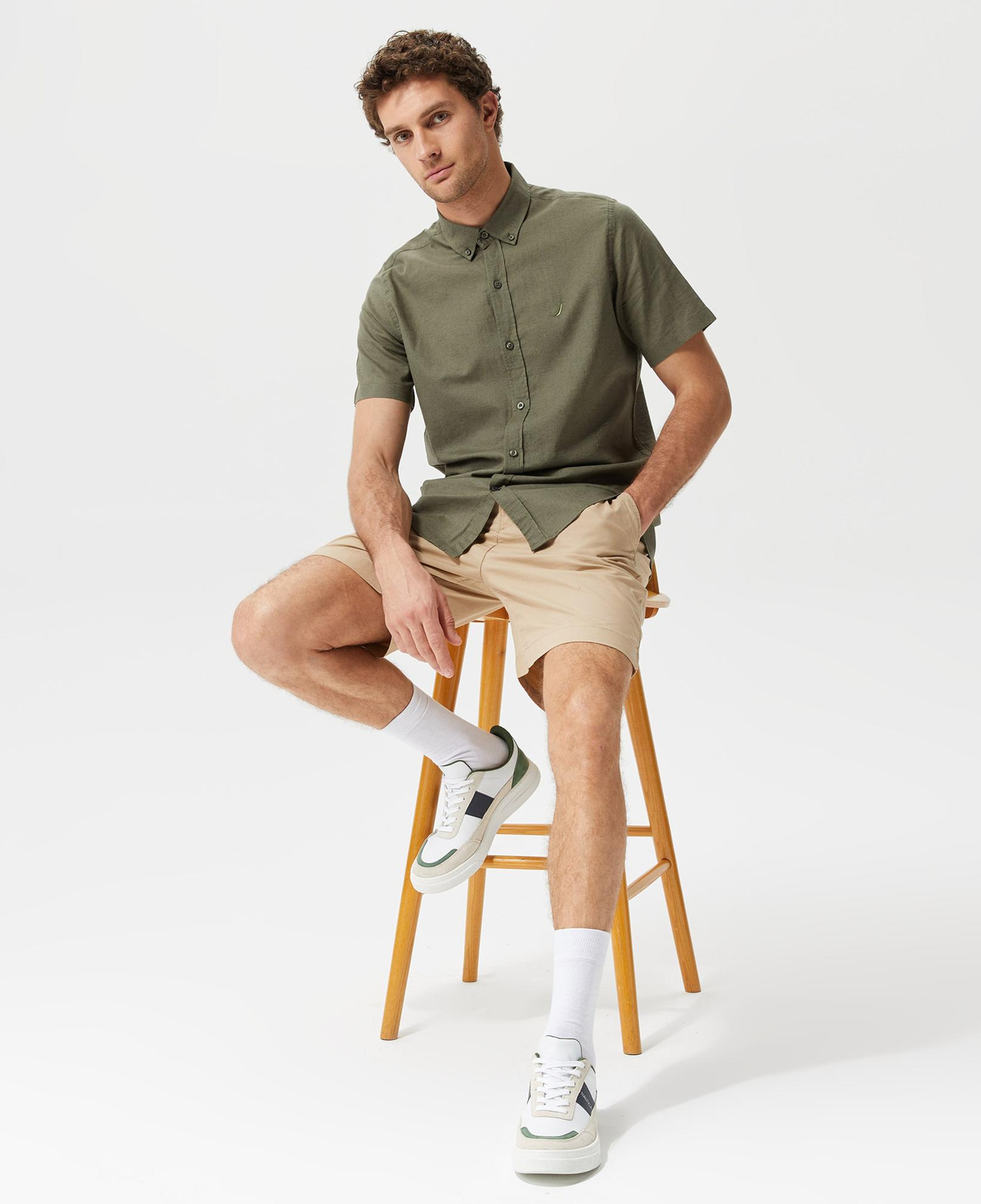 Nautica Erkek Yeşil Classic Fit Kısa Kollu Keten Gömlek