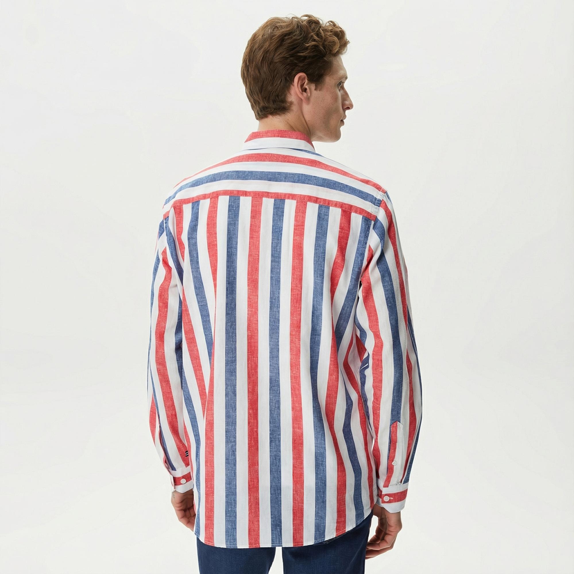 Nautica Erkek Kırmızı Classic Fit Uzun Kollu Keten Gömlek