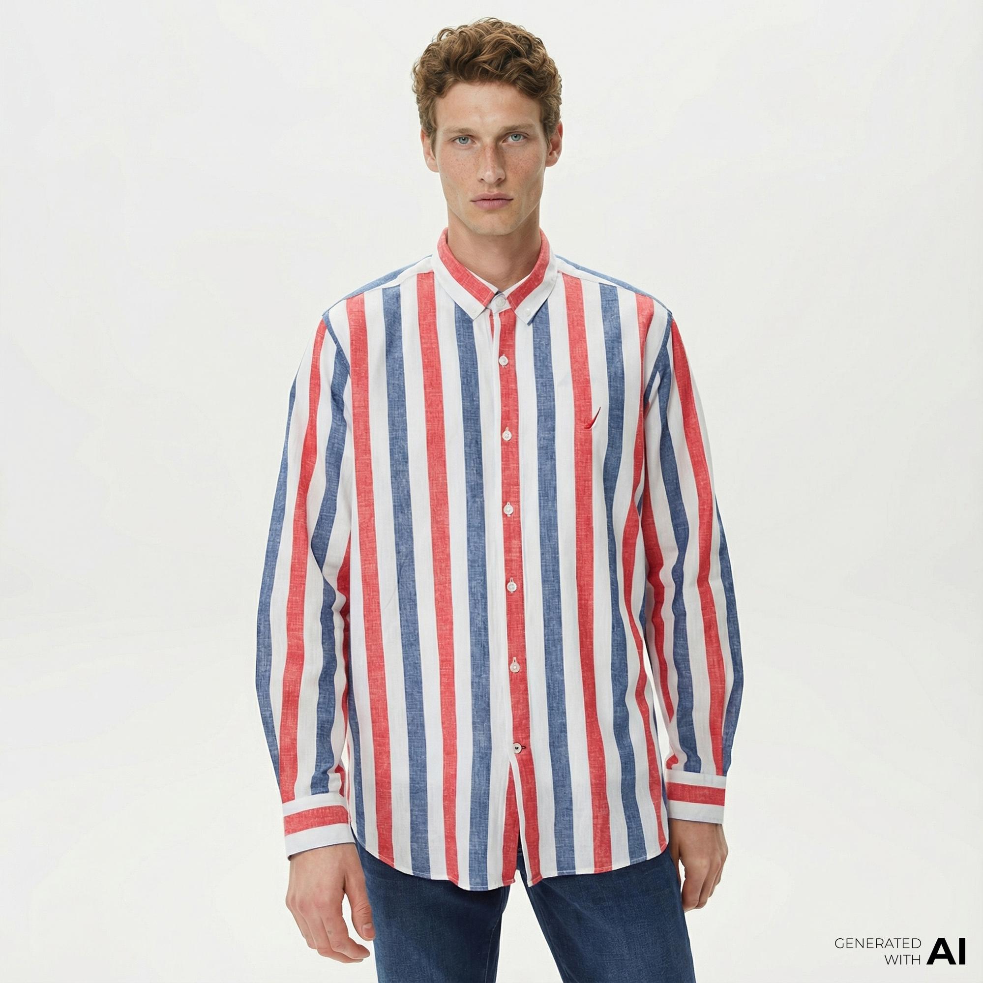 Nautica Erkek Kırmızı Classic Fit Uzun Kollu Keten Gömlek