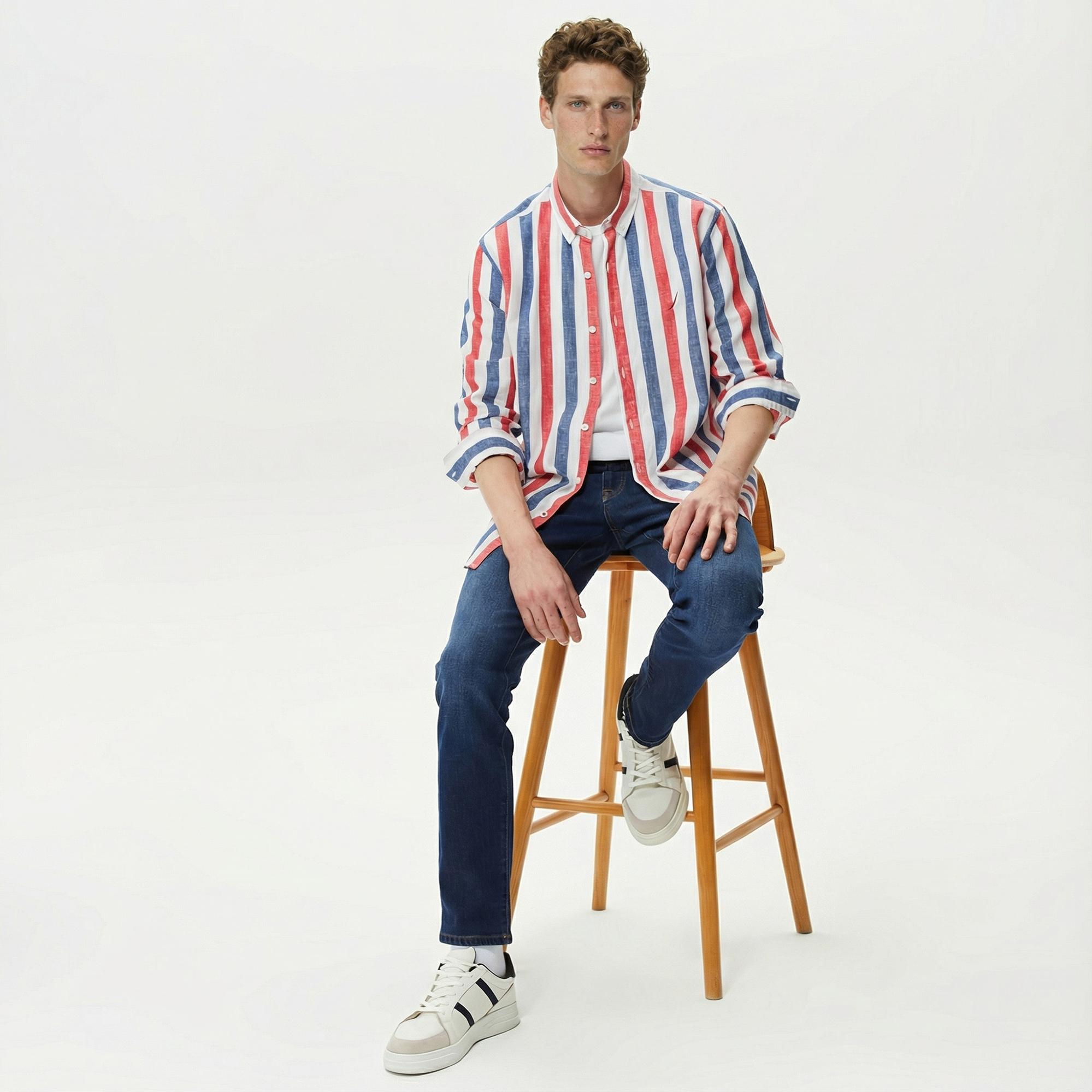 Nautica Erkek Kırmızı Classic Fit Uzun Kollu Keten Gömlek