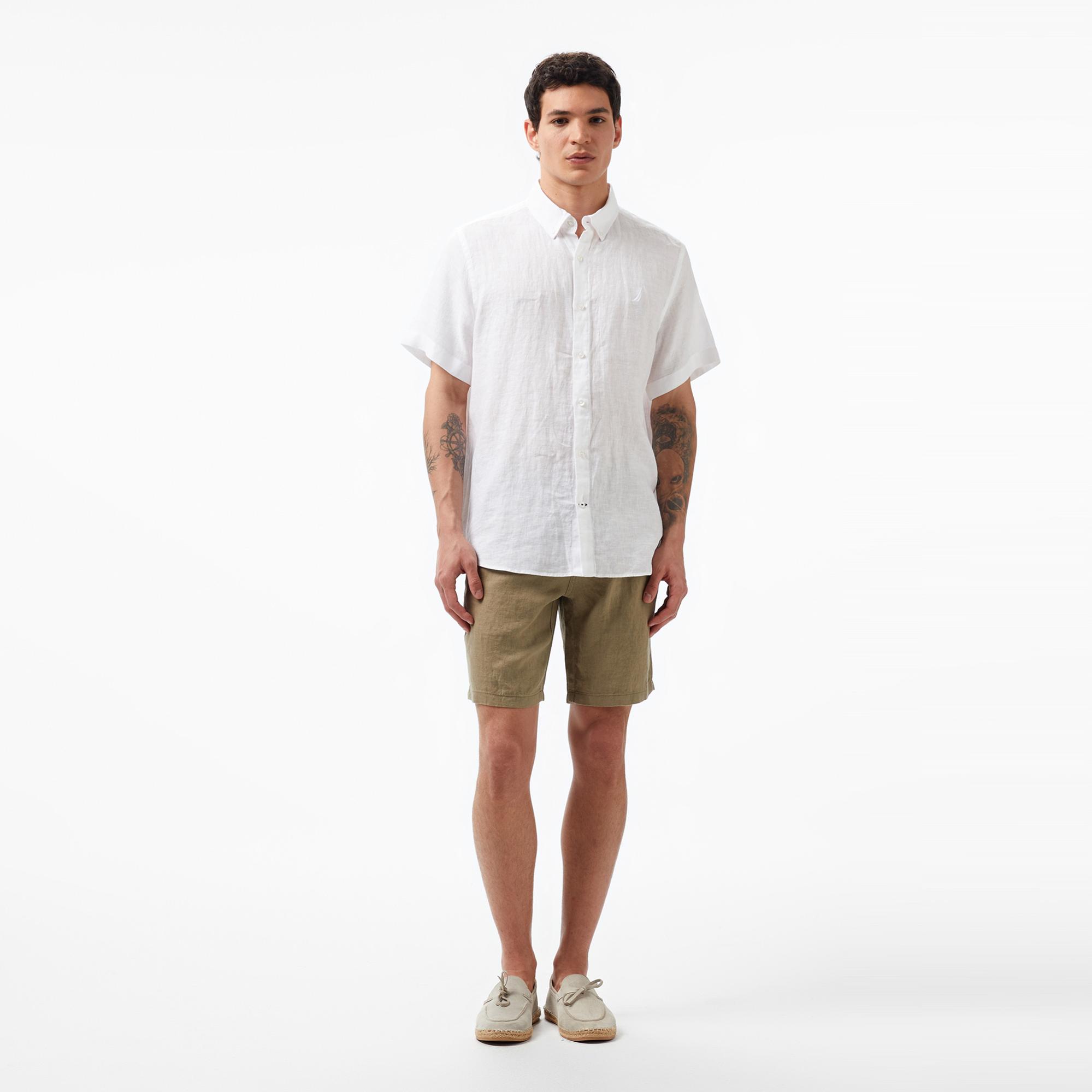 Nautica Erkek Beyaz Classic Fit Kısa Kollu Keten Gömlek